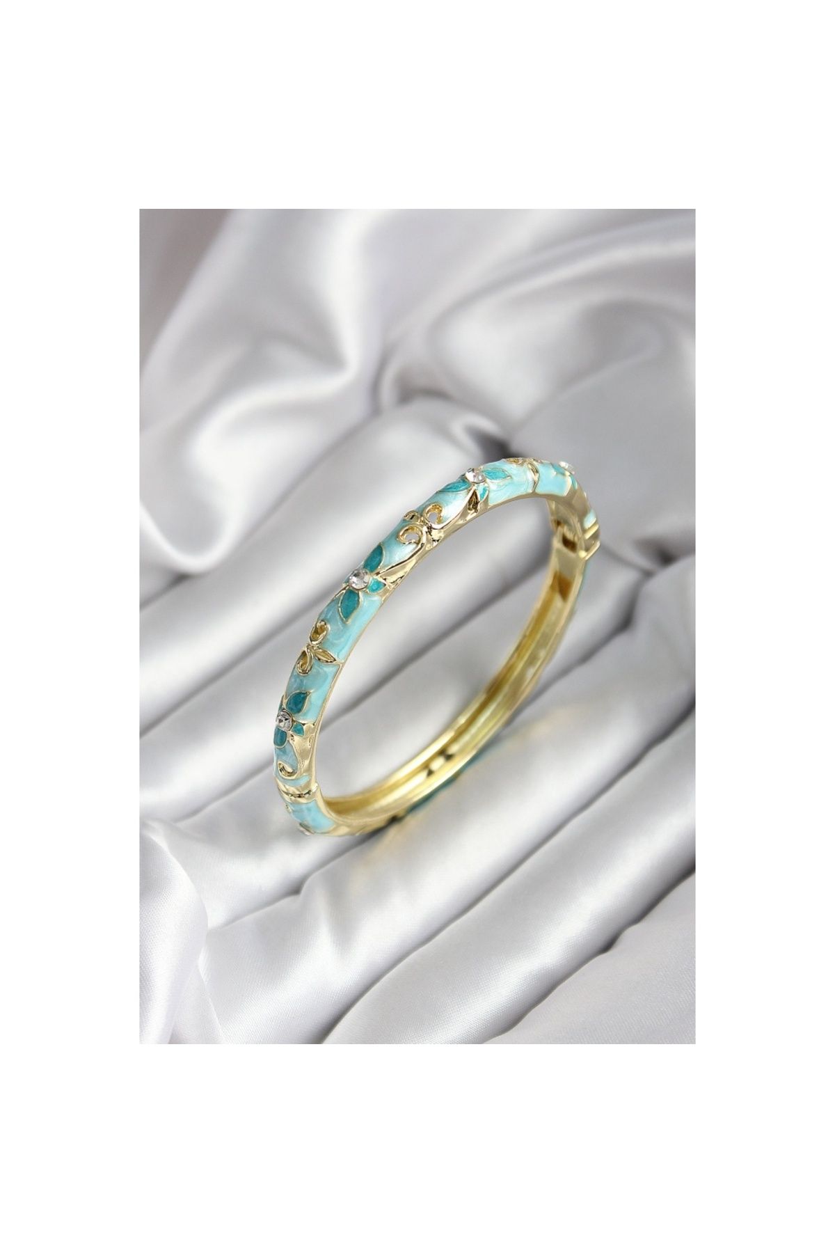 Findit Mineli Pirinç Turkuaz Çiçek Desenli Zirkon Taşlı Gold Renk Kadın Kelepçe (çap 60 mm)