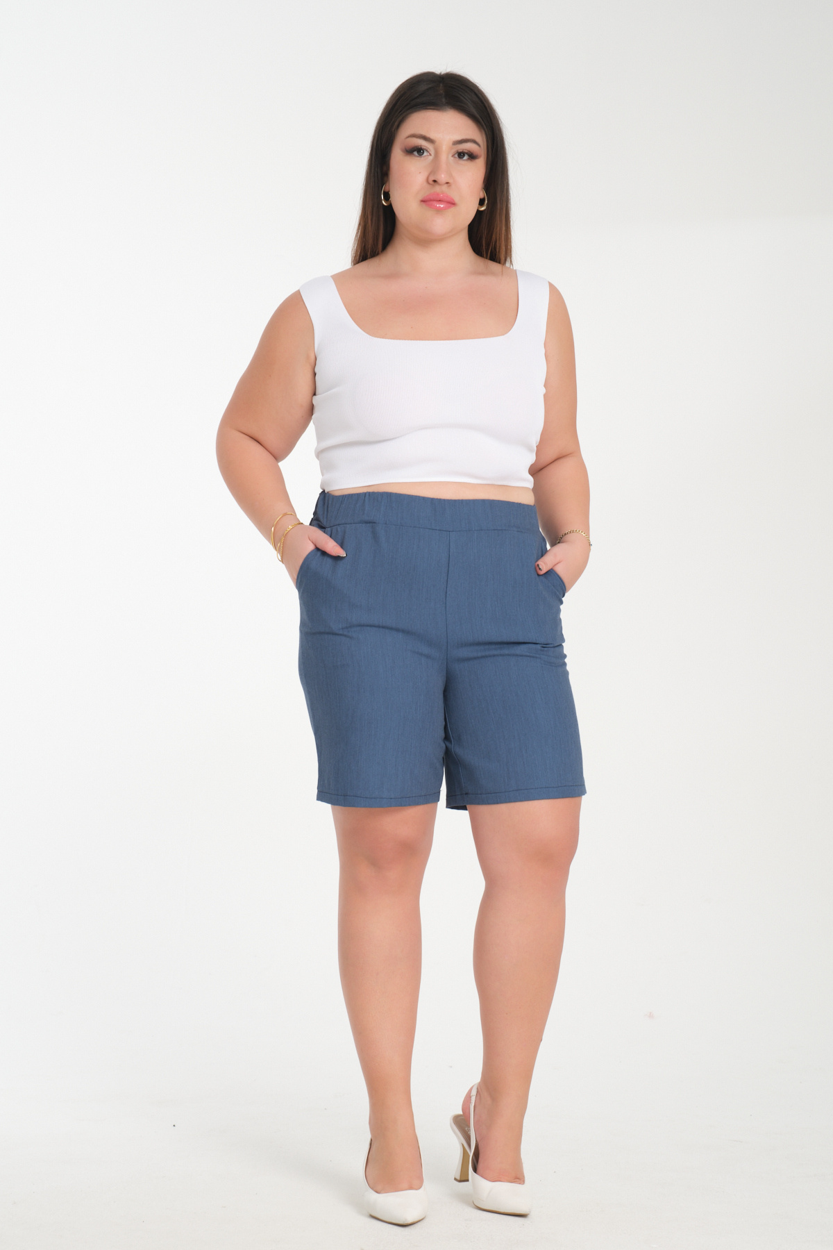 Gül Moda-Silk Denim Shorts Plus Size Elastic Waist Light Blue G118-2 7
