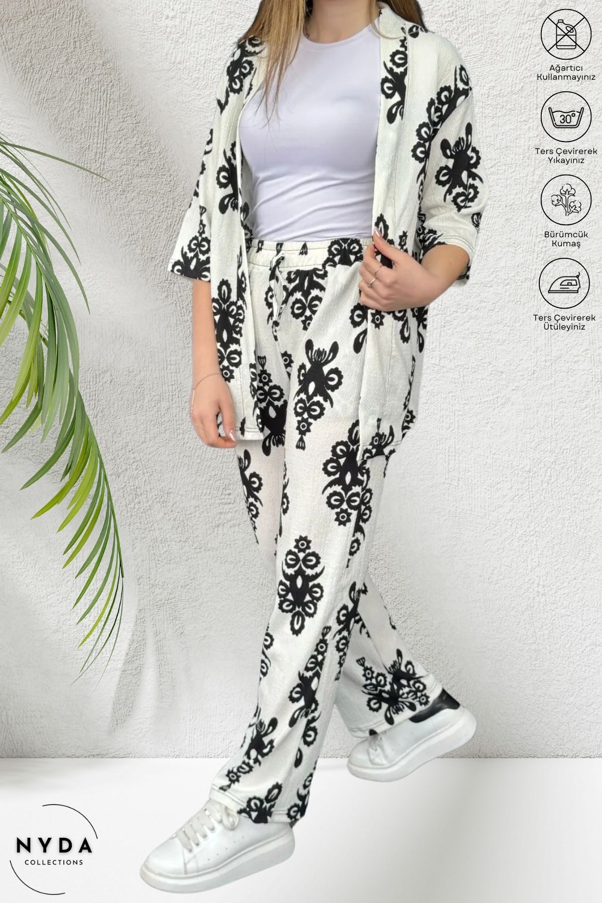 Nyda Collections Desenli Likralı Bürümcük Kumaş Lastikli Bel Hırkalı İnce Yazlık Kadın Kimono Takım