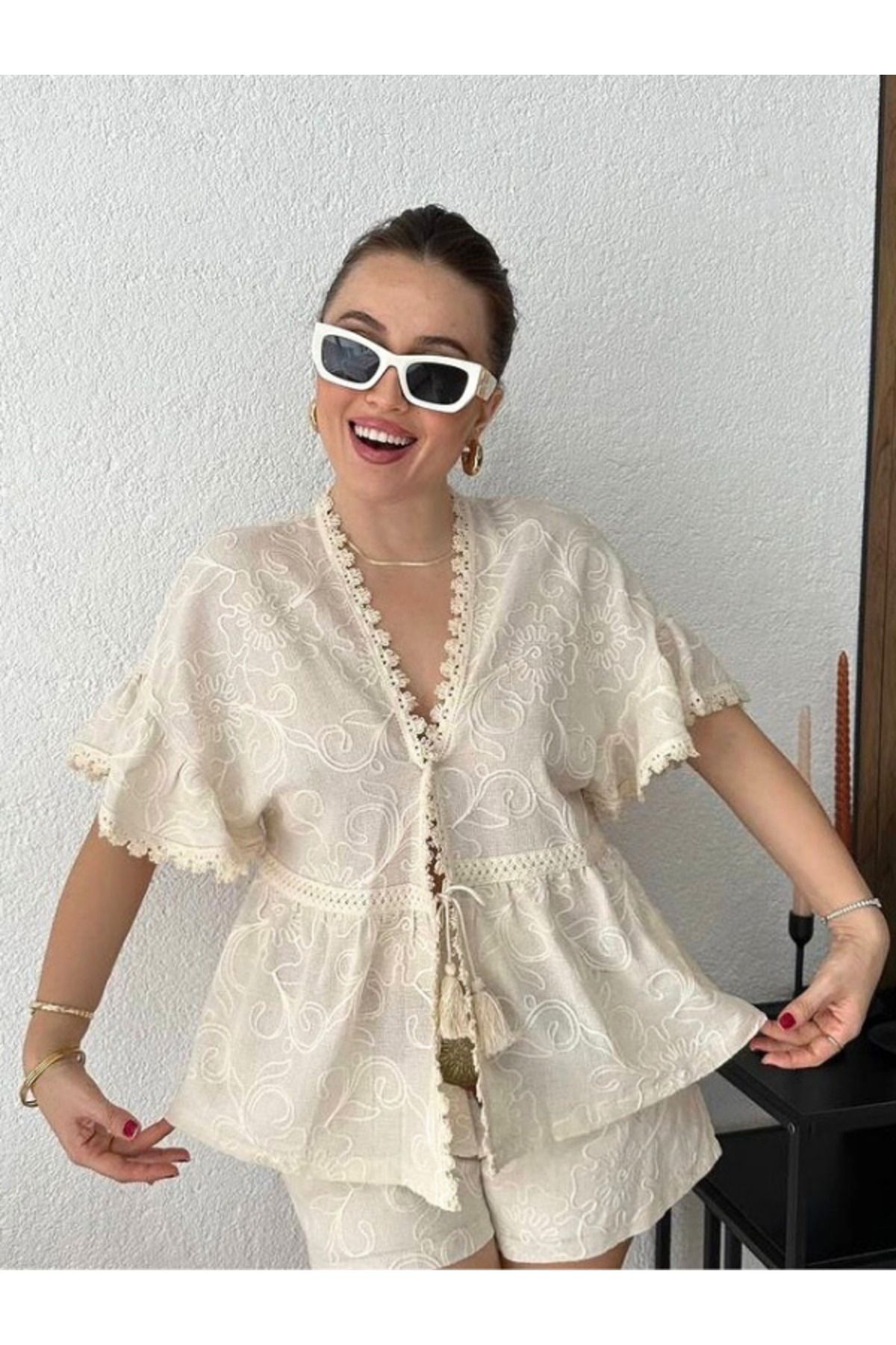 Modriq Kadın Gömlek Nakışlı Bağlamalı Yazlık Taş Rengi Kısa Kollu Oversize