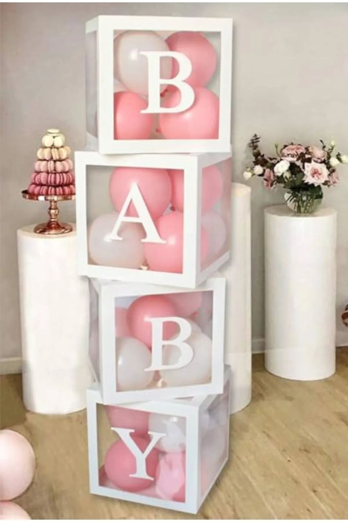 motto party Doğumgünü Hastane Odası Süsleme Baby Yazılı Pembe Beyaz Balonlu Şeffaf Balon Kutusu BABY