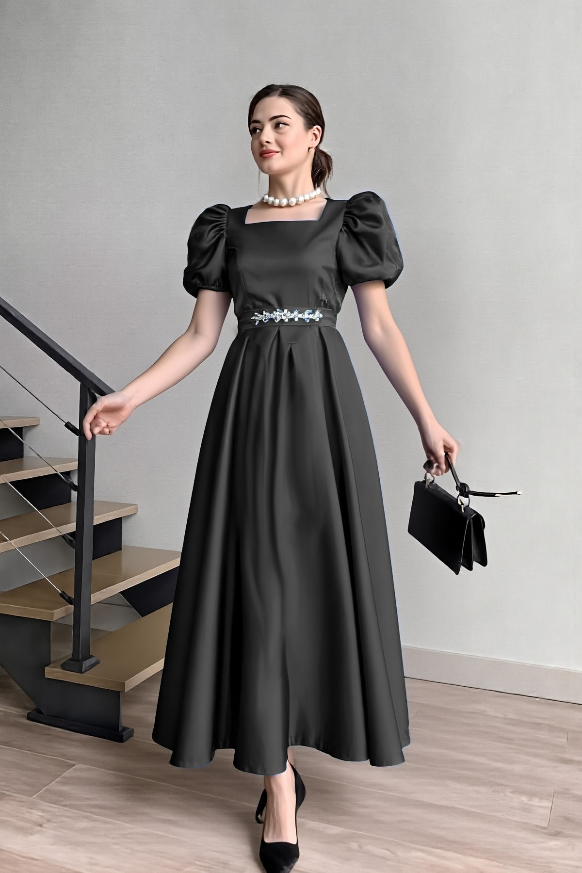 ALFUDO Moda Collection KADIN KARE YAKA KEMER TOKASI DETAYLI VICTORIA ELBİSE