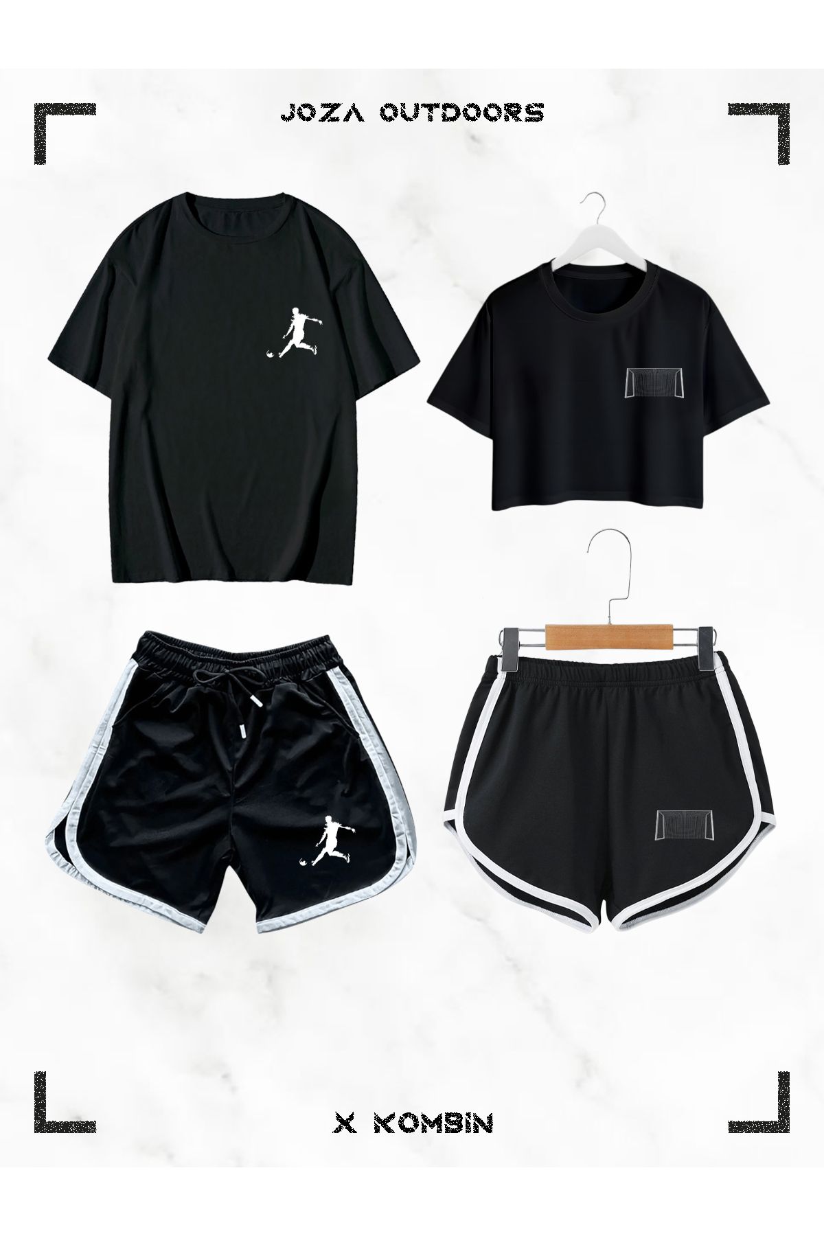 Jobia Outdoors Kadın Erkek Futbolcu Futbol Kalesi Baskılı Sevgili Çift Kombini Tasarım Oversize Tshirt Şort 4lü Set