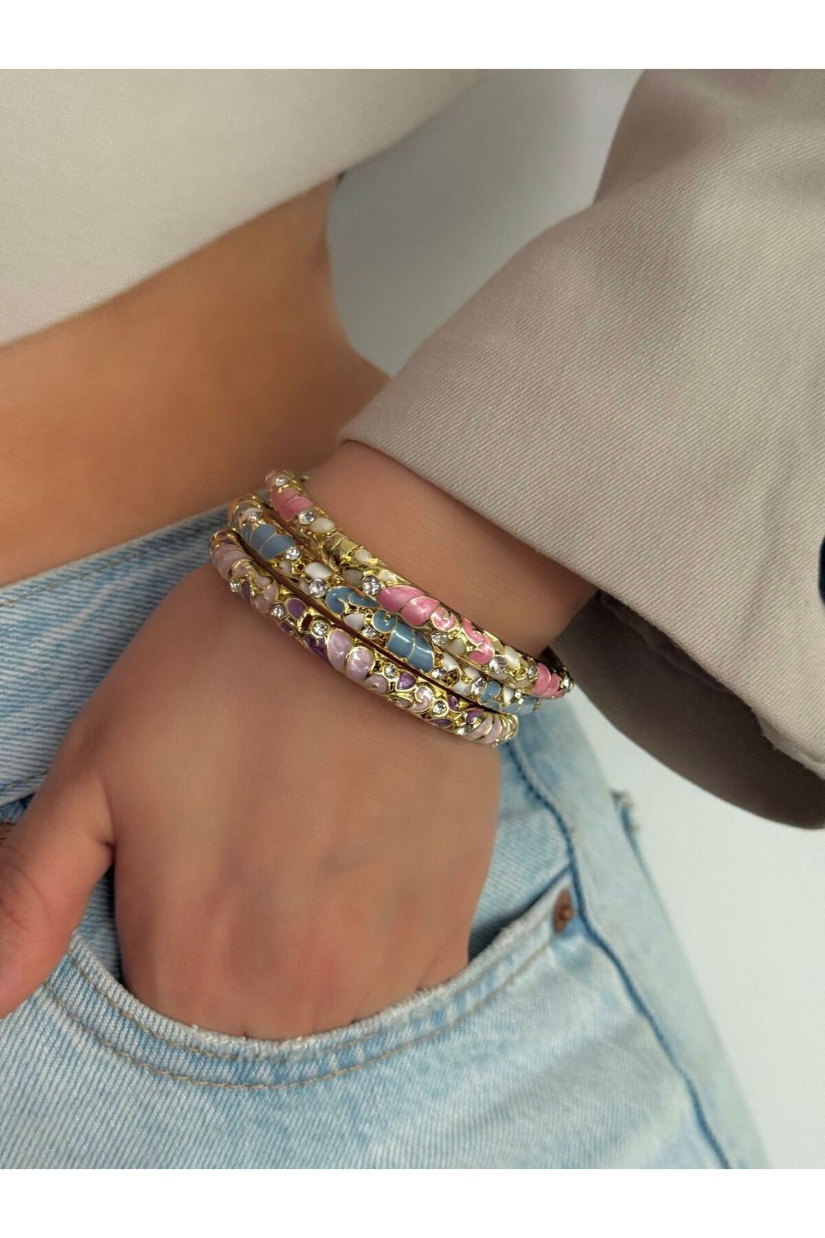 h&b design jewel Çelik Pembe Mineli Kelepçe Bileklik