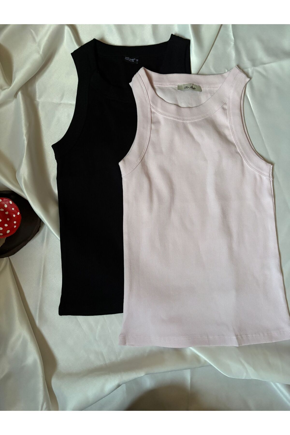 MODESTRIA KOPYA - 2'li Kadın Siyah & Pudra Pembe Kaşkorse Kalın Askılı Atlet