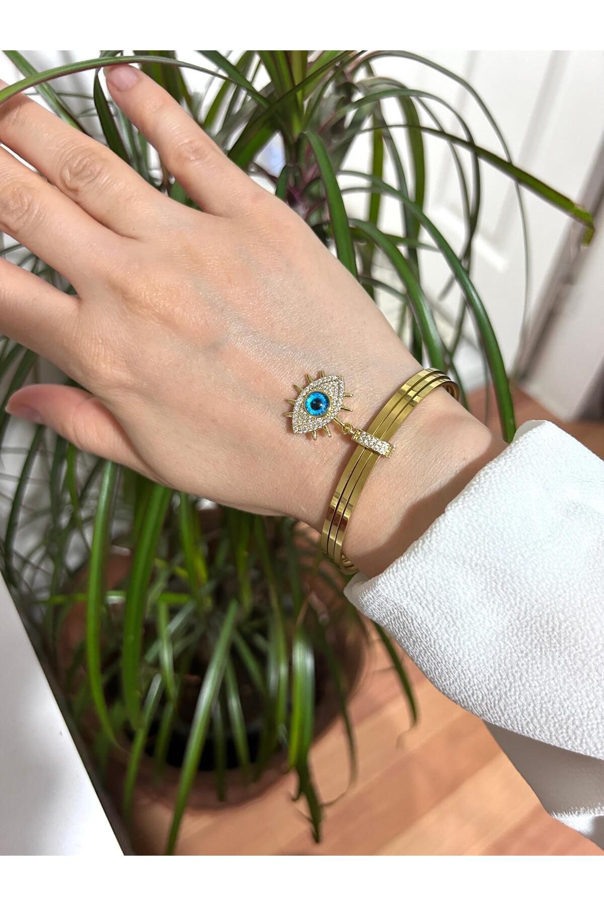 soleah Stainless Steel Nazar Boncuklu Göz Charm 3lü Ajda Bilezik