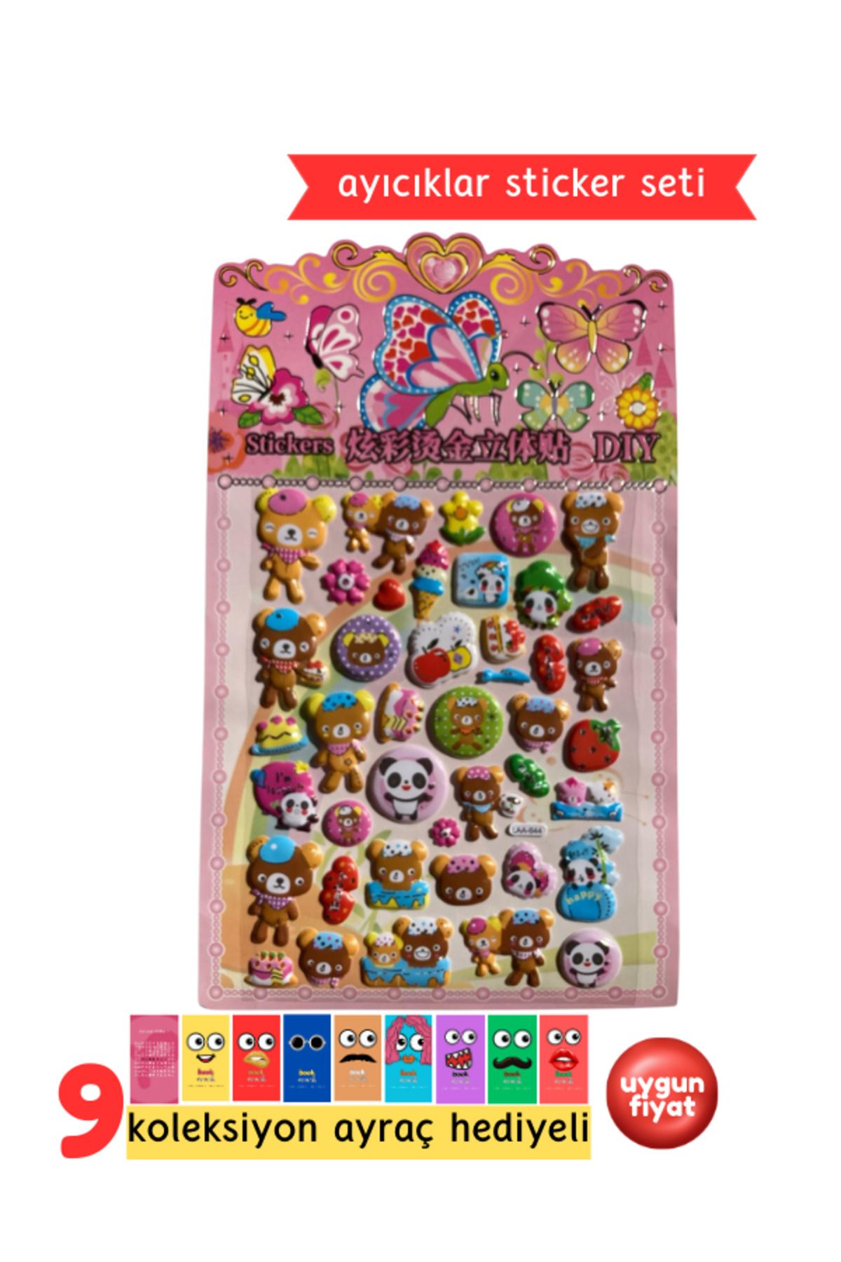 Pembe Pasaj Ayı Desenli Sticker - Sevimli Ayı Sticker - Çocuklar İçin Kabartmalı Sticker Etiket