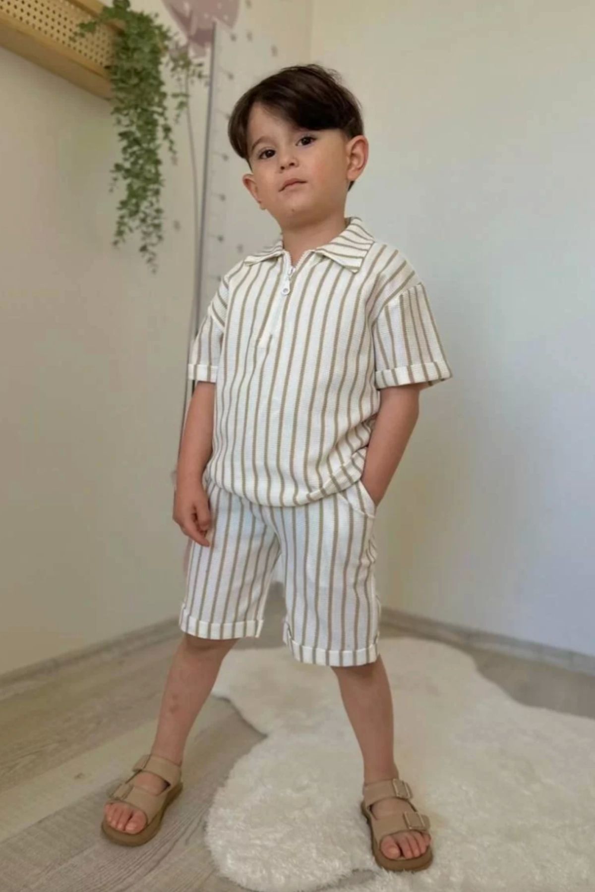 Kidmark Çocuk Modası Erkek Çocuk Çizgili Fermuarlı Yaka Kahve Yazlık Takım