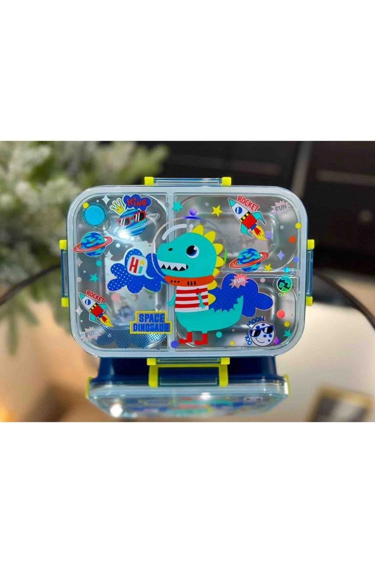 Vest Bes0011 Dinozor Desenli Şeffaf Kapaklı 3 Bölmeli 800 ml Çelik Beslenme Kabı