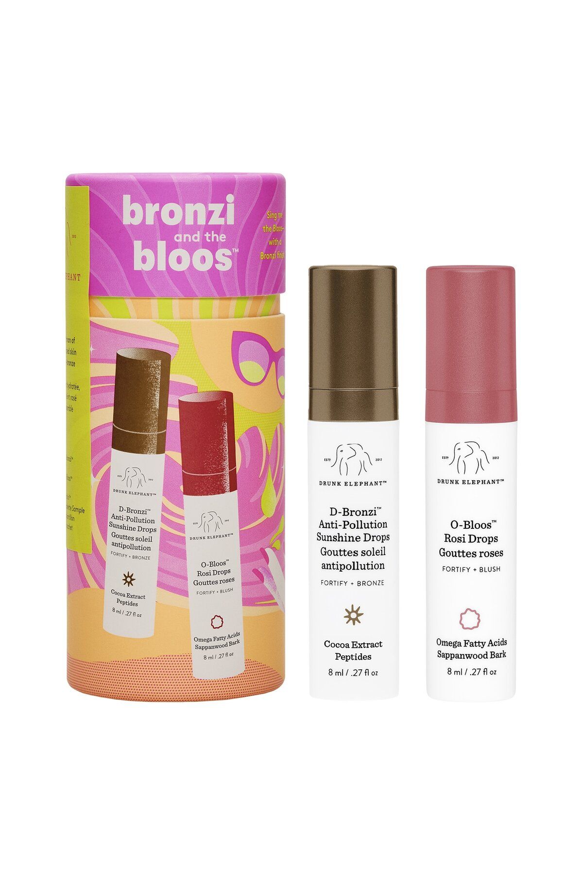 Drunk Elephant Bronzi and the bloos™ - Bronzlaştırıcı serum ve gül serumu içeren yüz bakım seti