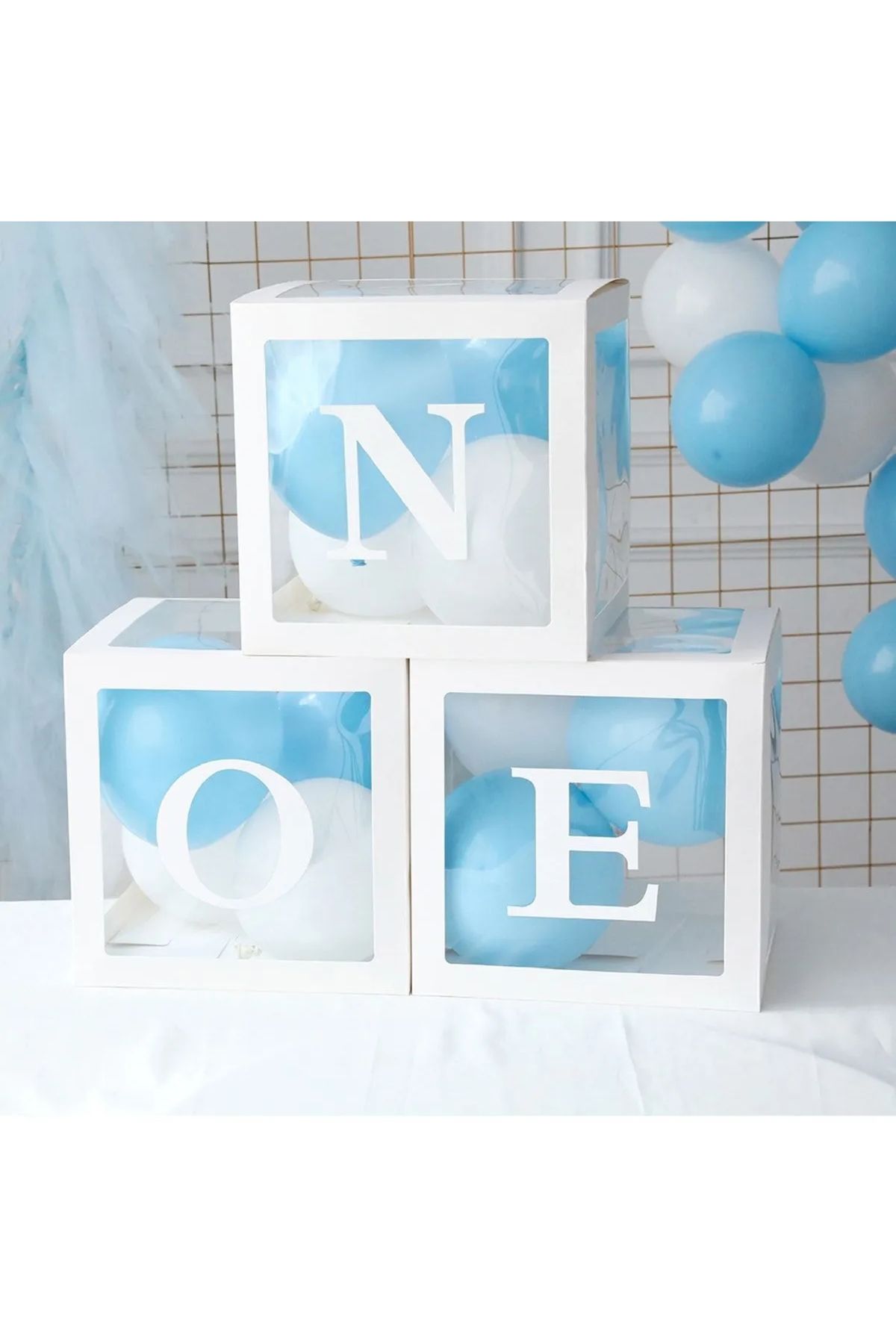 motto party 1 Yaş Doğumgünü Süsleme ONE Yazılı MAVİ BEYAZ BALONLU Şeffaf Balon Kutusu