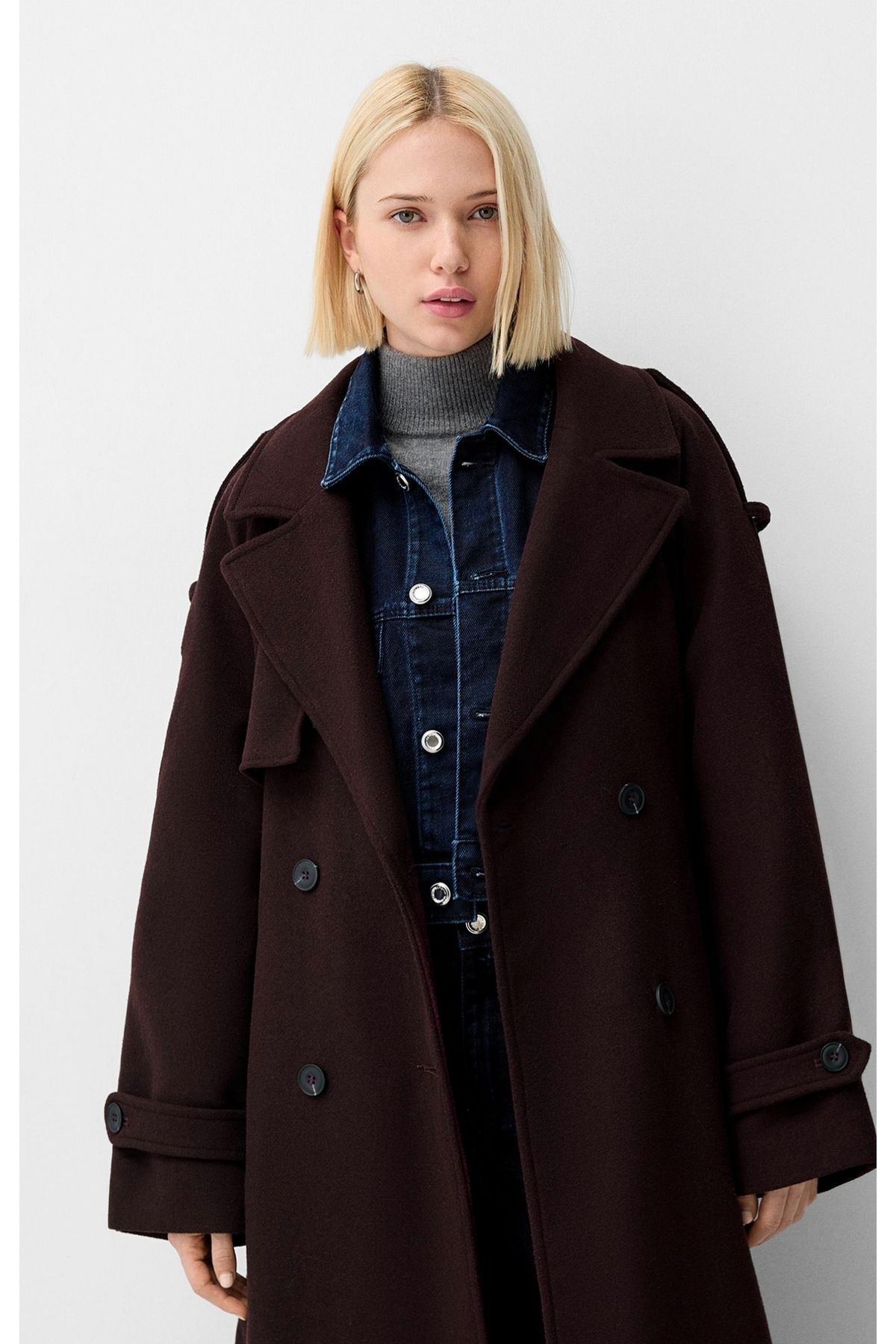 Butik Allbucks Bersh-ka Bordo Oversize Yün Içerikli Kaşe Trençkot Kaban Abbrs1009