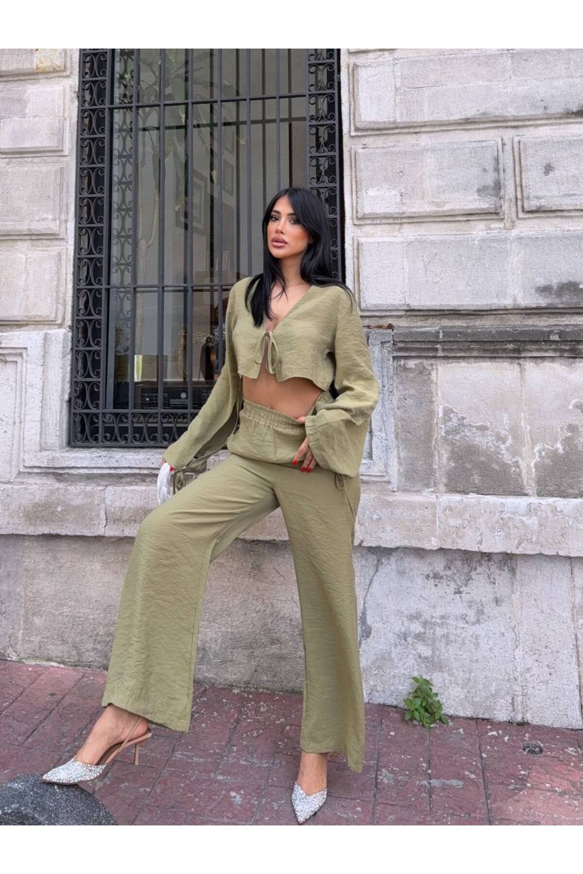 ILLE Önü Bağlamalı Crop Bluz Pantolon Takım