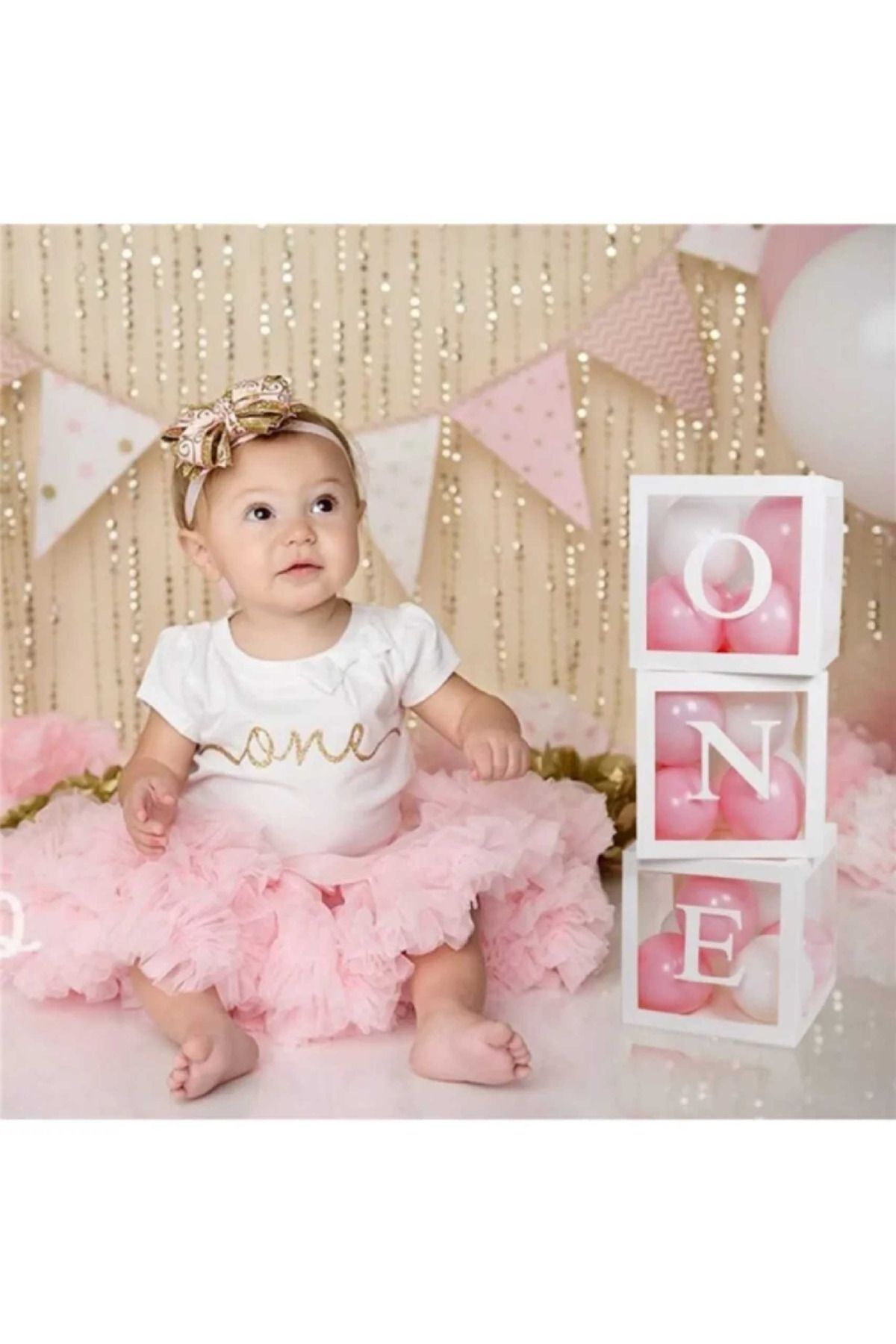 motto party 1 Yaş Doğumgünü Süsleme ONE Yazılı PEMBE BEYAZ BALONLU Şeffaf Balon Kutusu