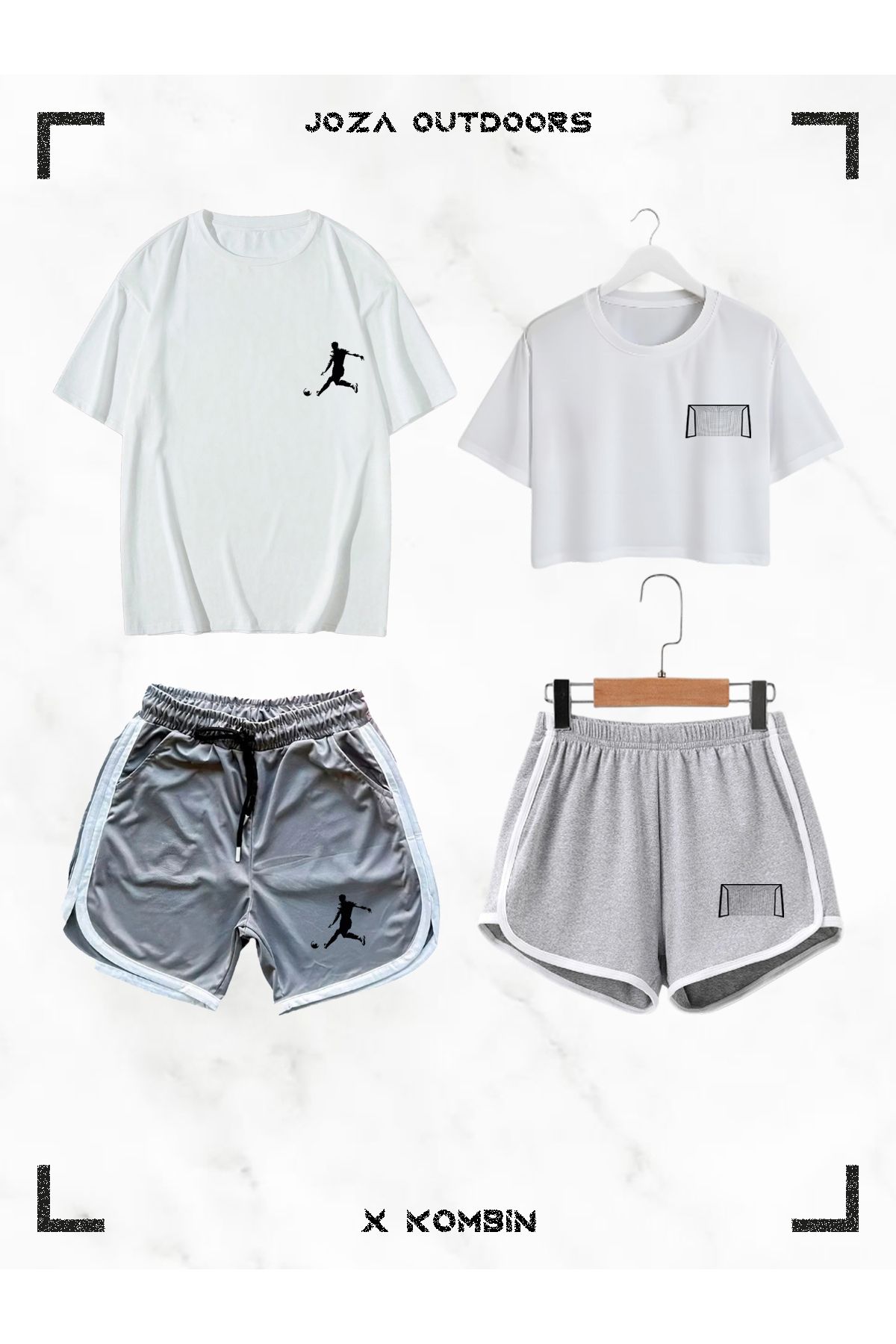Jobia Outdoors Kadın Erkek Futbolcu Futbol Kalesi Baskılı Sevgili Çift Kombini Tasarım Oversize Tshirt Şort 4lü Set