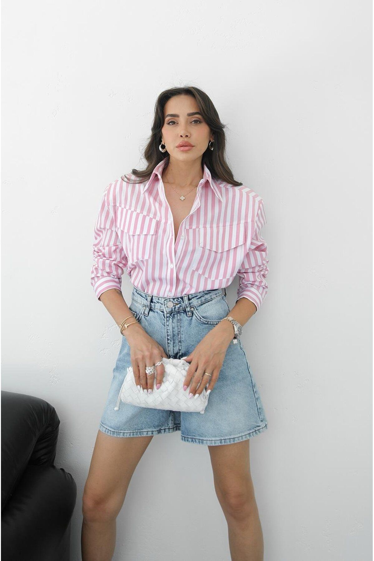 Havoş Pembe Kalın Çizgili Vatkalı Gömlek