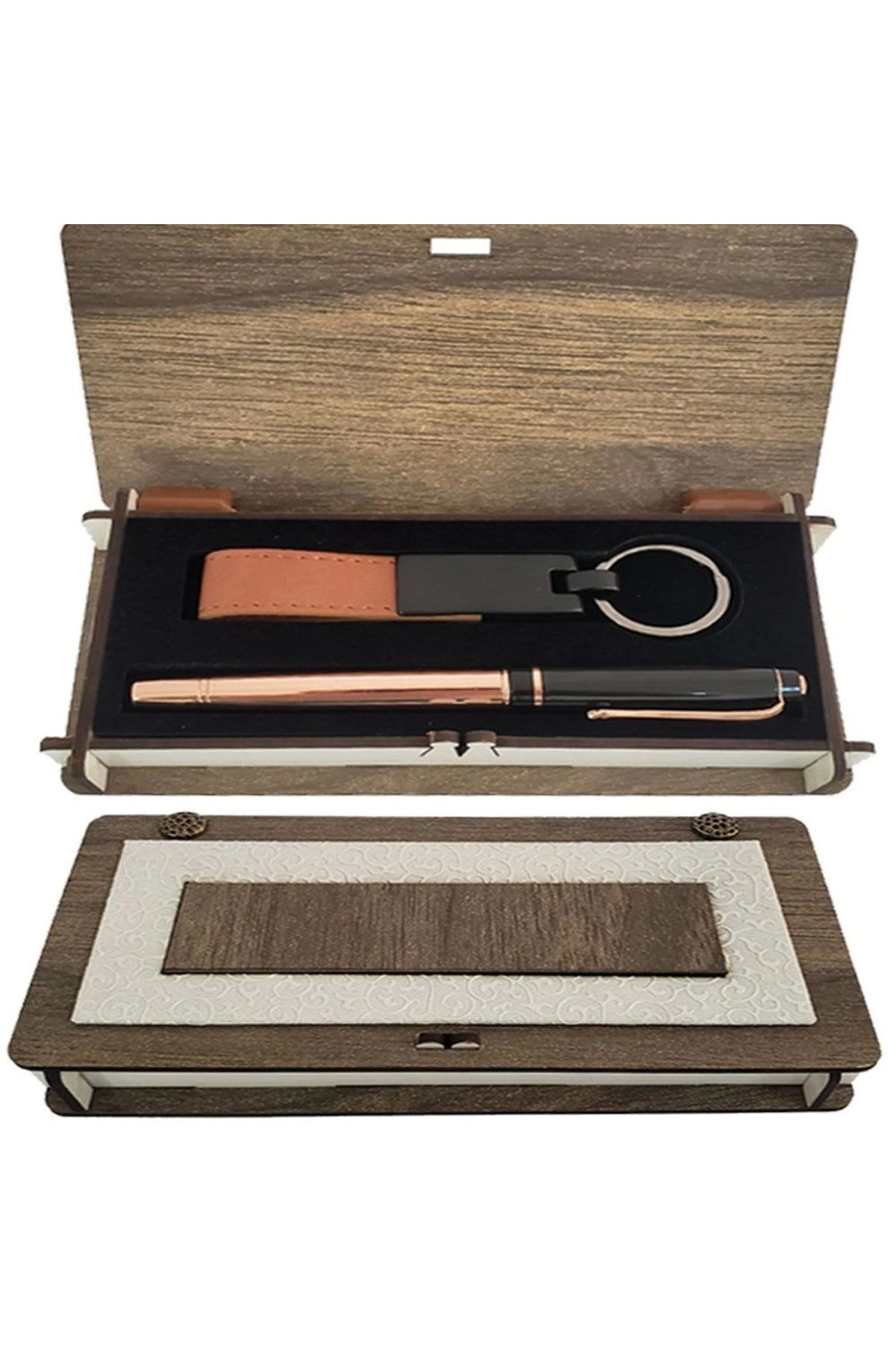 OurStyles Ahşap Kutulu Set Bakır Roller Kalem ve Anahtarlık