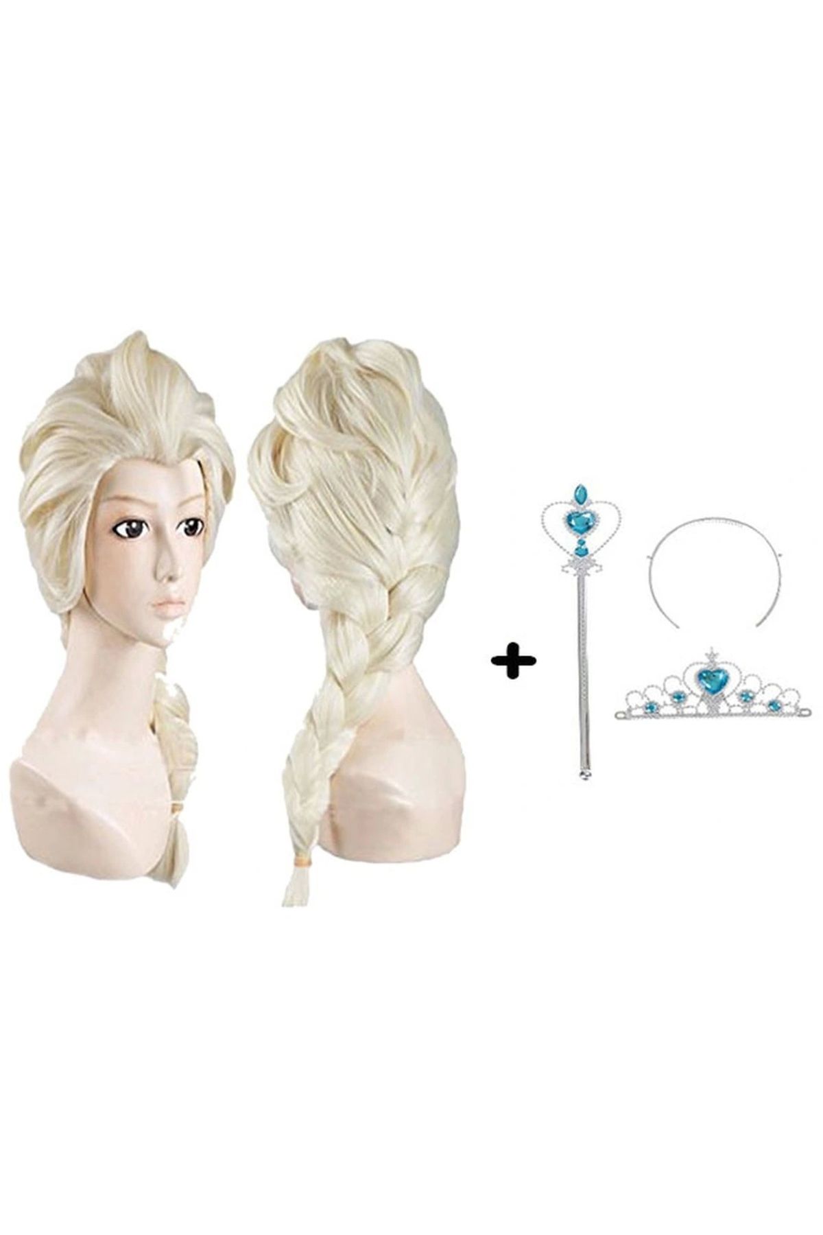 OurStyles Örgülü Karlar Ülkesi Frozen Elsa Peruğu Tacı ve Sopası Çocuk Boy