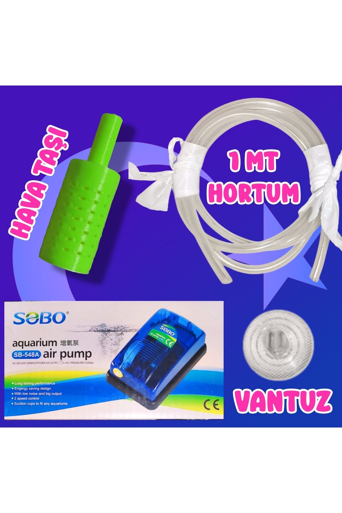 Akvaryum Hava Taşı Motor Hortum Vantuz Seti ( Yeşil ) Küçük Akvaryum ve Büyük Akvaryum Uygun