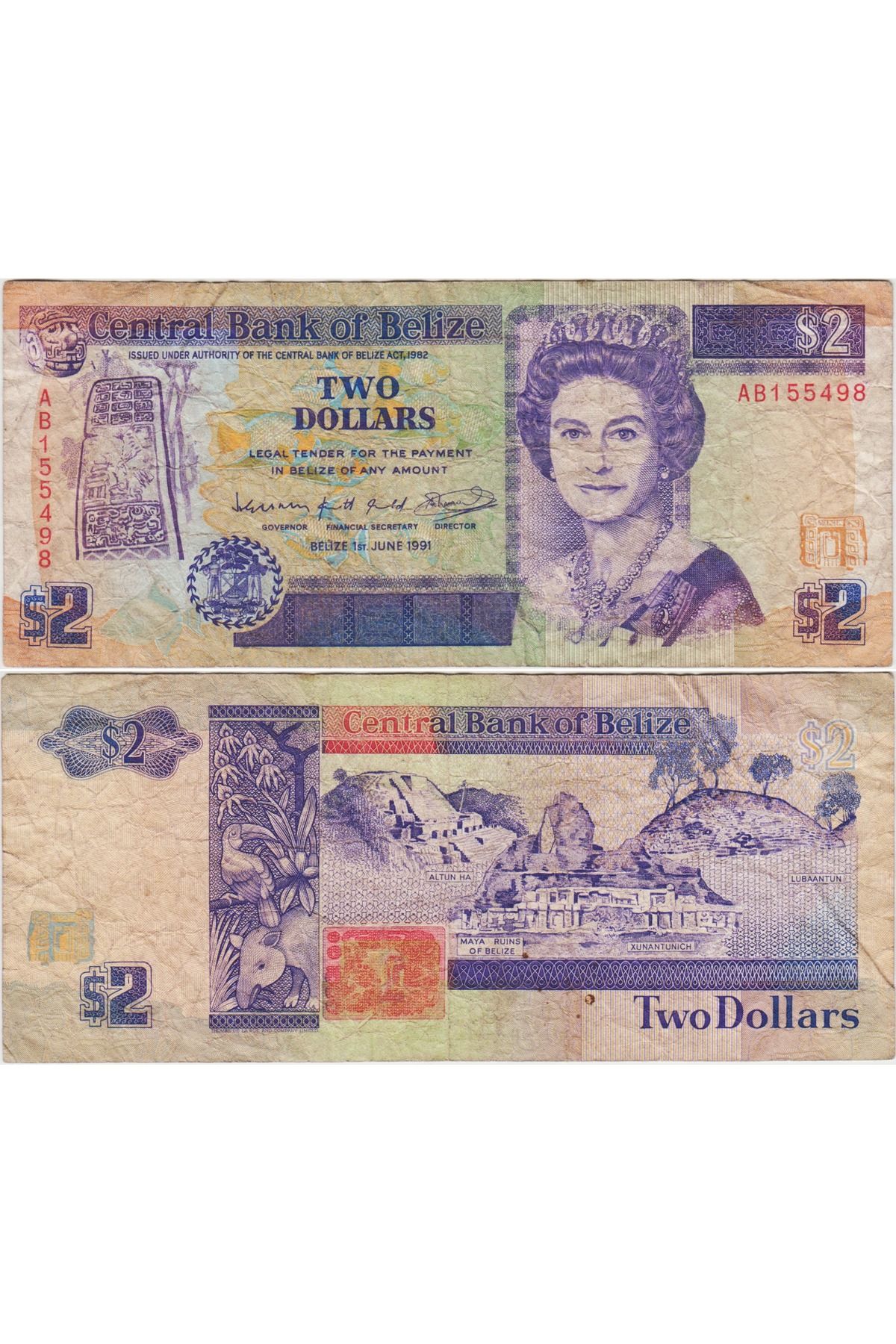 Banknoting BELİZE 2 DOLAR 1991 BÜYÜK BOY. MAYA MEDENİYETİ TEMALI. KRALİÇE II. ELİZABETH. TEMİZ KONDİSYON.