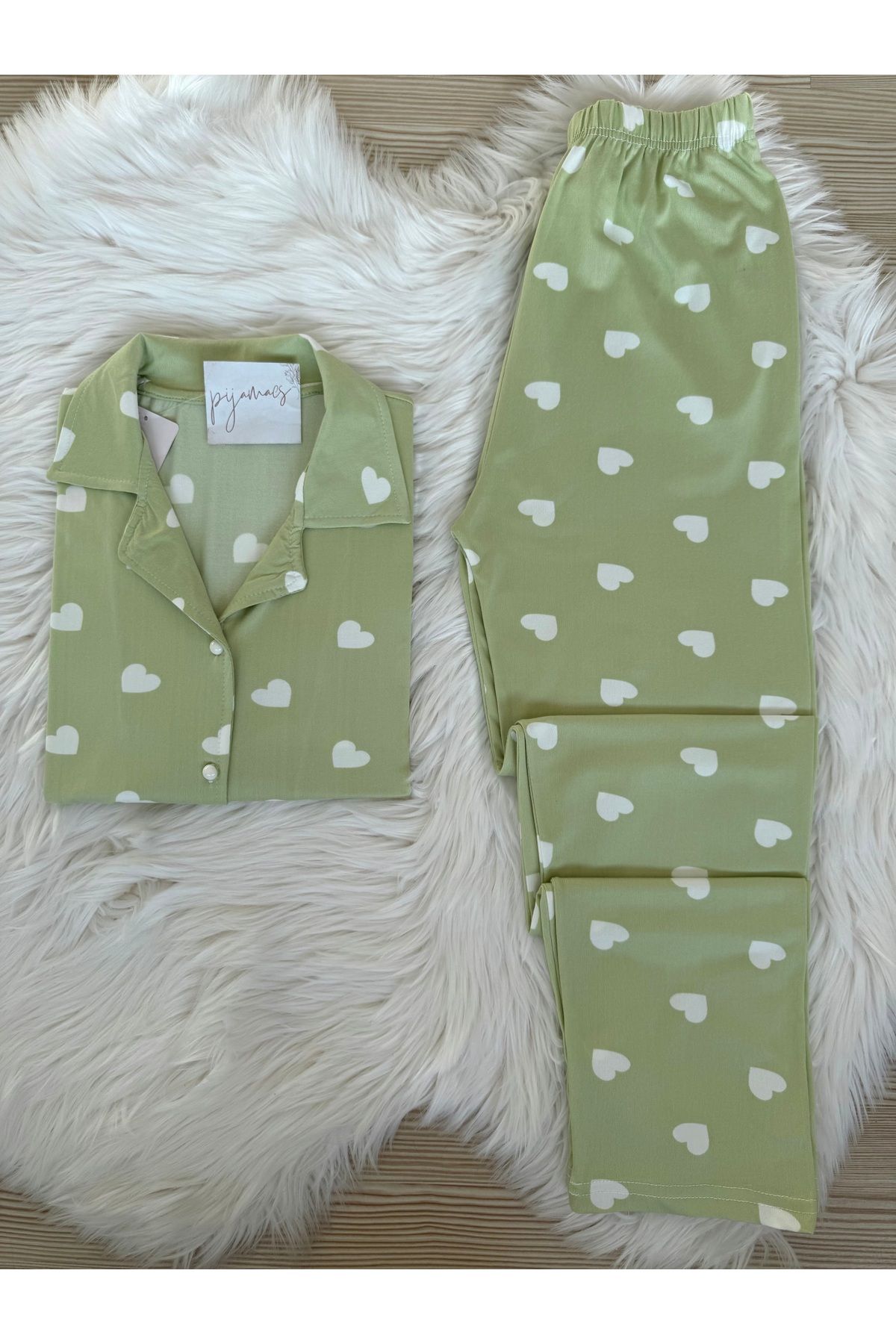 Pijamacs Çağla Yeşili Kalp Desenli Kısa Kol Milan Pijama Takımı