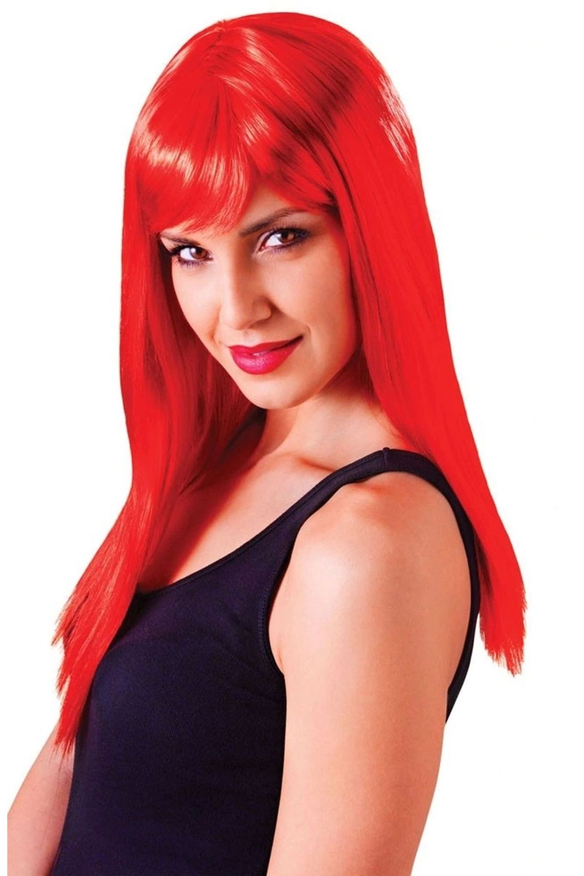 OurStyles Kırmızı Renk Uzun Düz Parti Peruğu