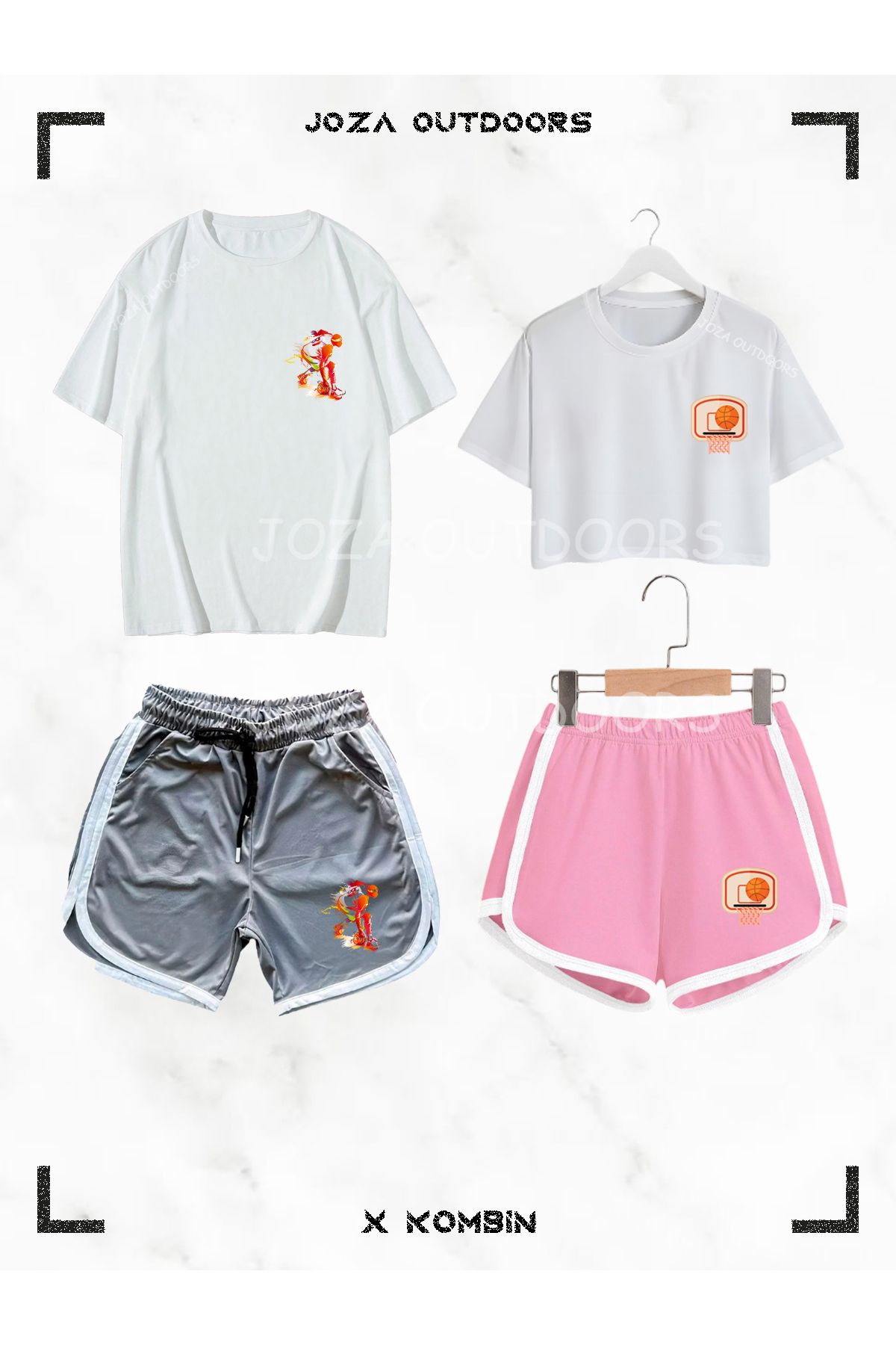 Joza Outdoors Kadın Erkek Basket Topu Basket Potası Baskılı Sevgili Çift Kombini Oversize Tshirt Şort 4lü Set