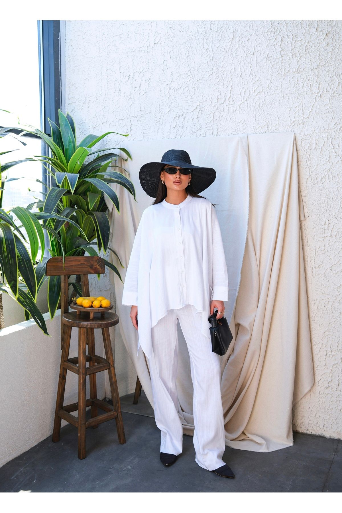 ENZOI Keten Oversize Gömlek Pantolon Takım