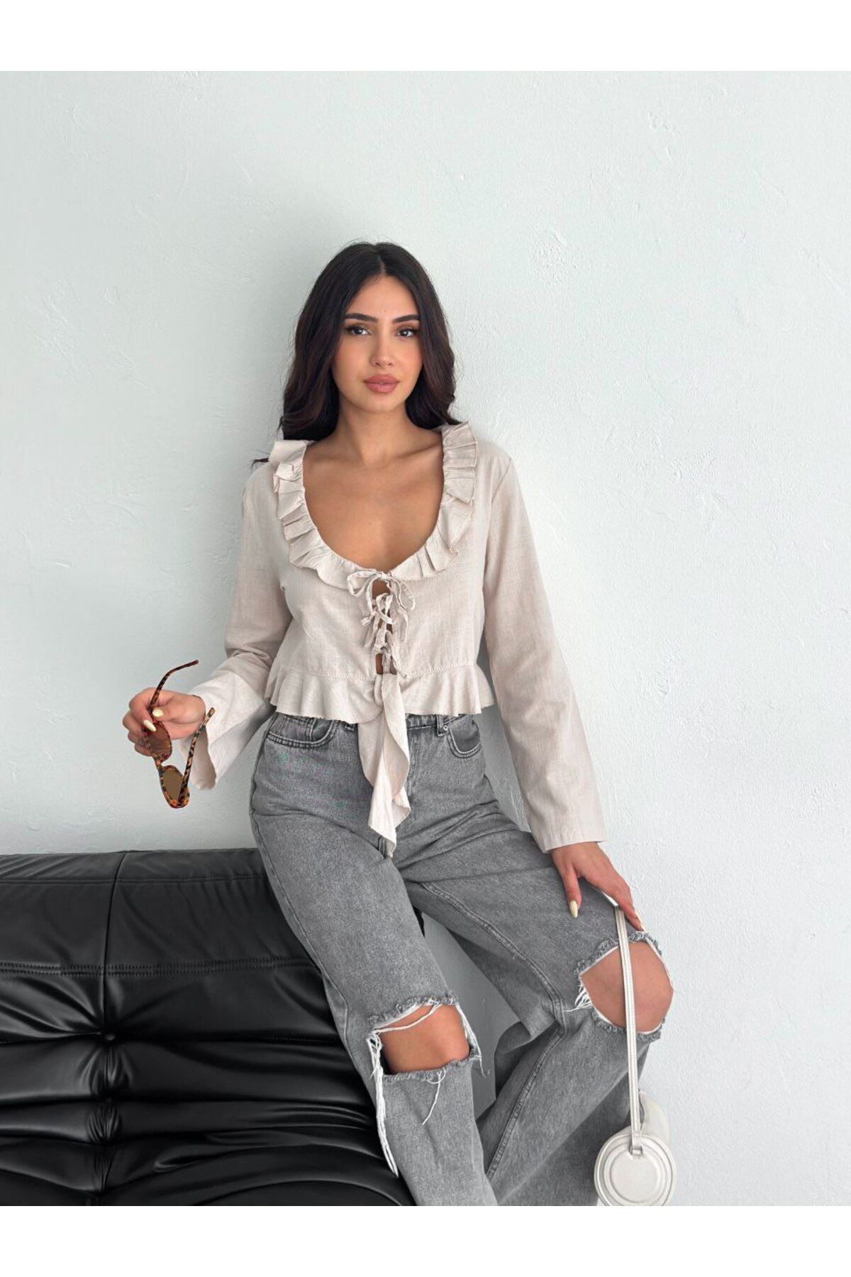 MODA Keten Kumaş Fırfır Yaka Detaylı Bağlamalı Bluz