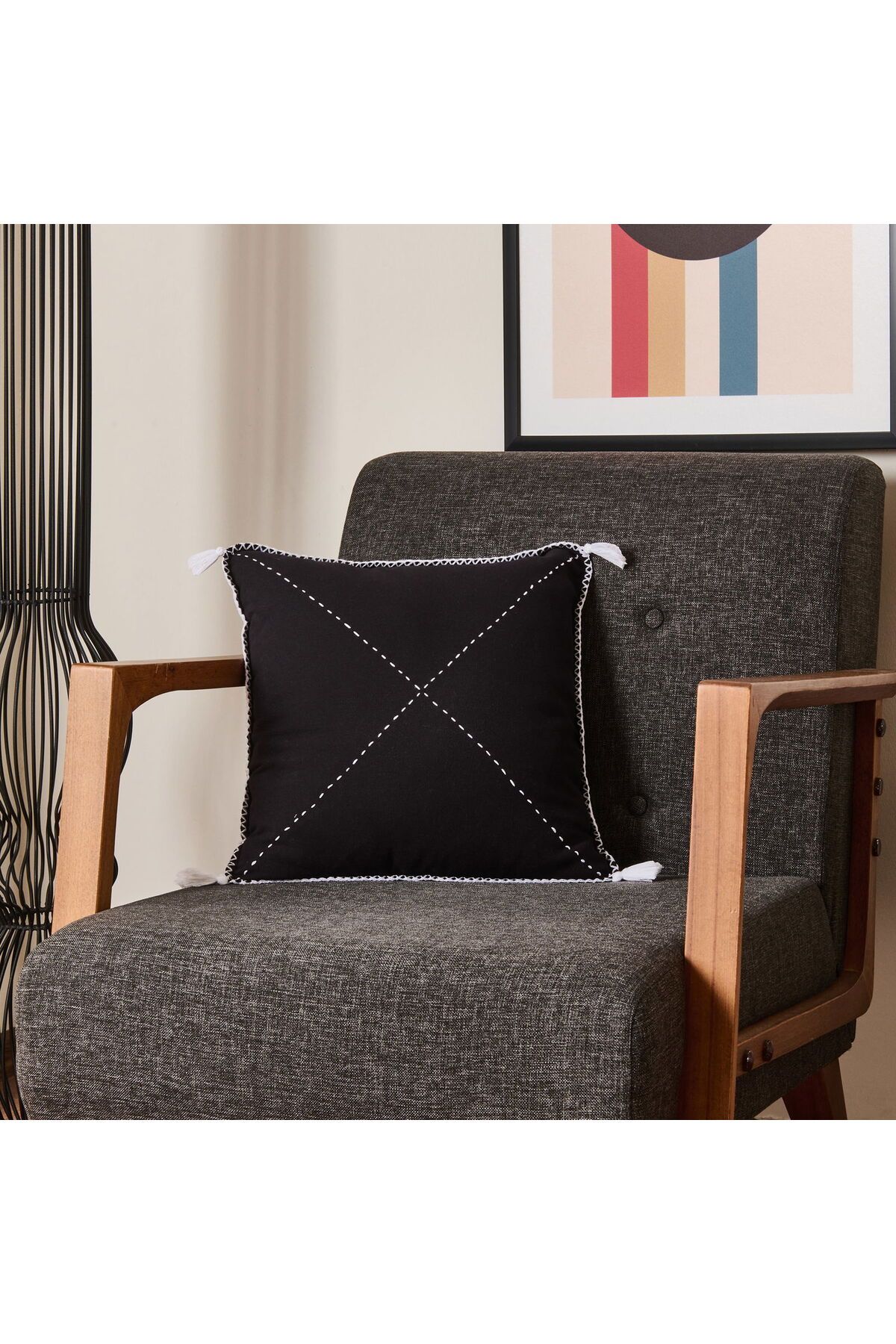ASPARTAM Soft Ethnic Püskül Detaylı Kırlent - Siyah - 40x40 cm