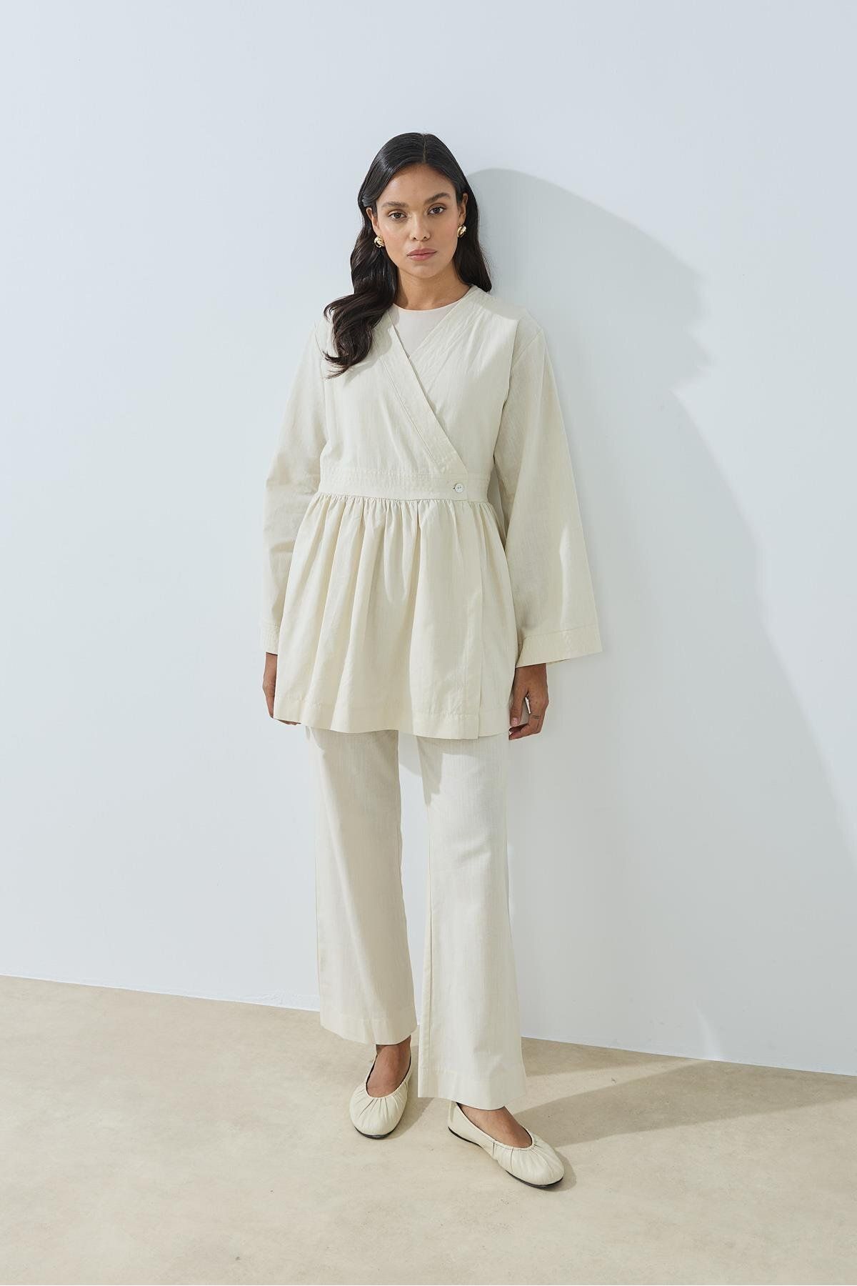 Merve Gültekin Kimono Pantolon Takım Ekru