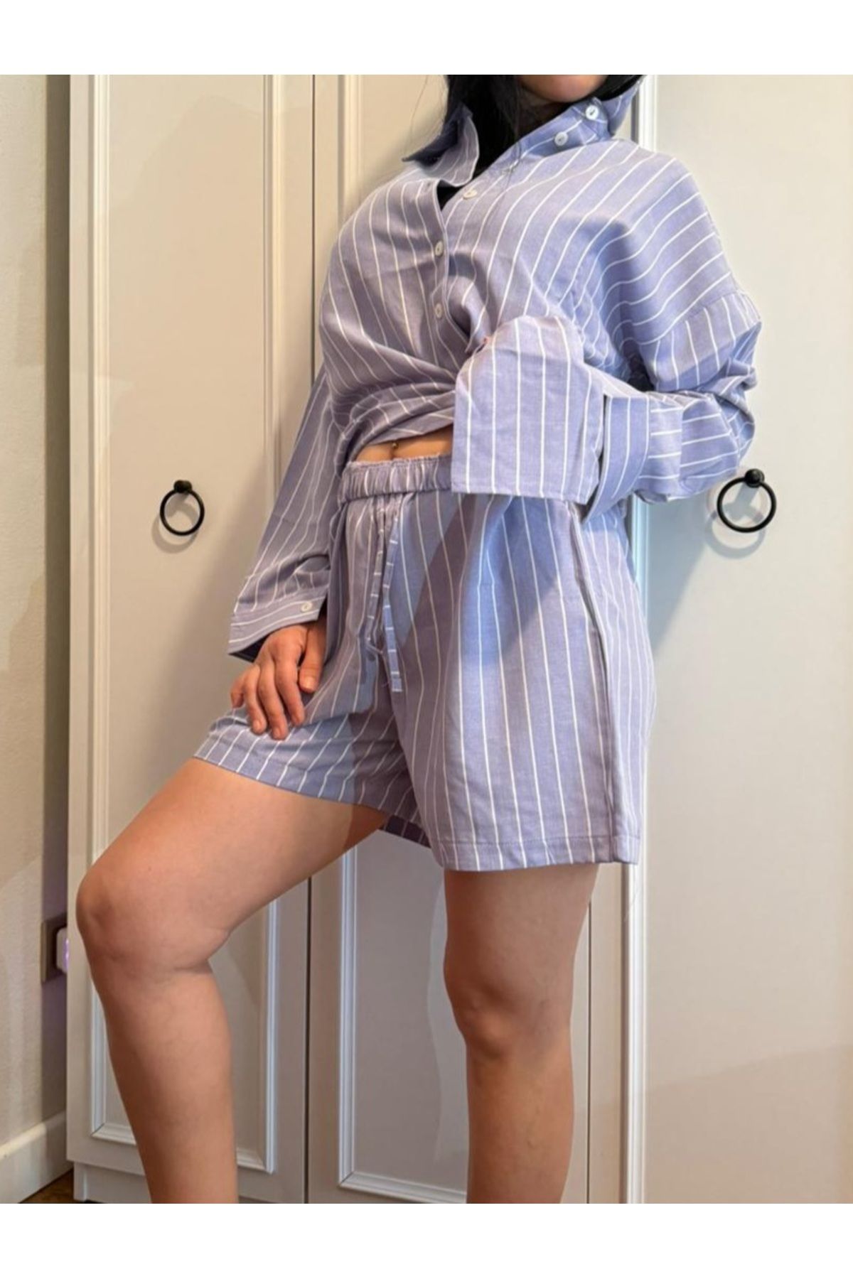 Lovely butik KADIN PAMUKLU GÖMLEK ŞORT ÇİZGİLİ TAKIM