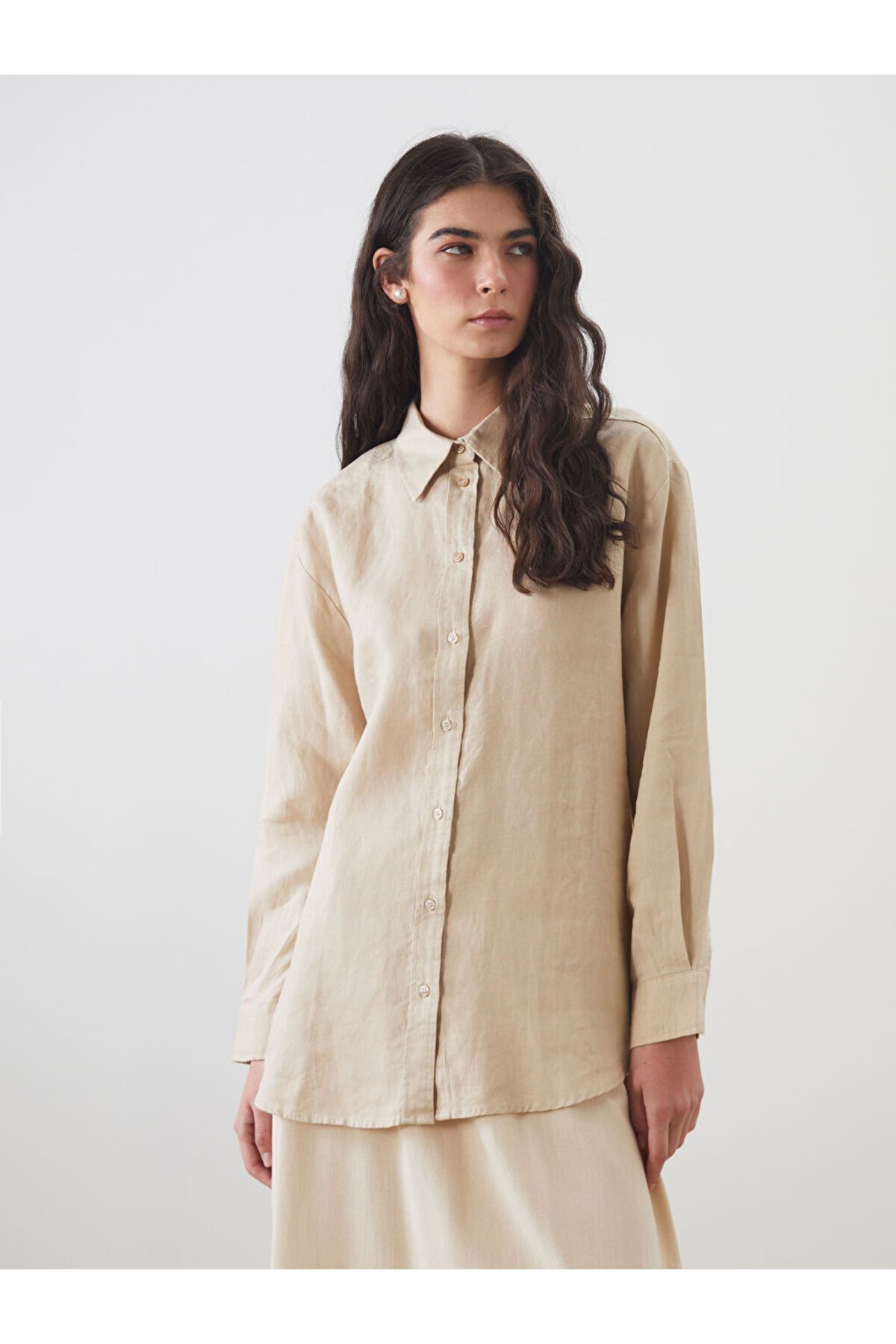 LC Waikiki LCW Modest Bej Keten Kadın Gömlek Tunik S5KB84Z8NVY25