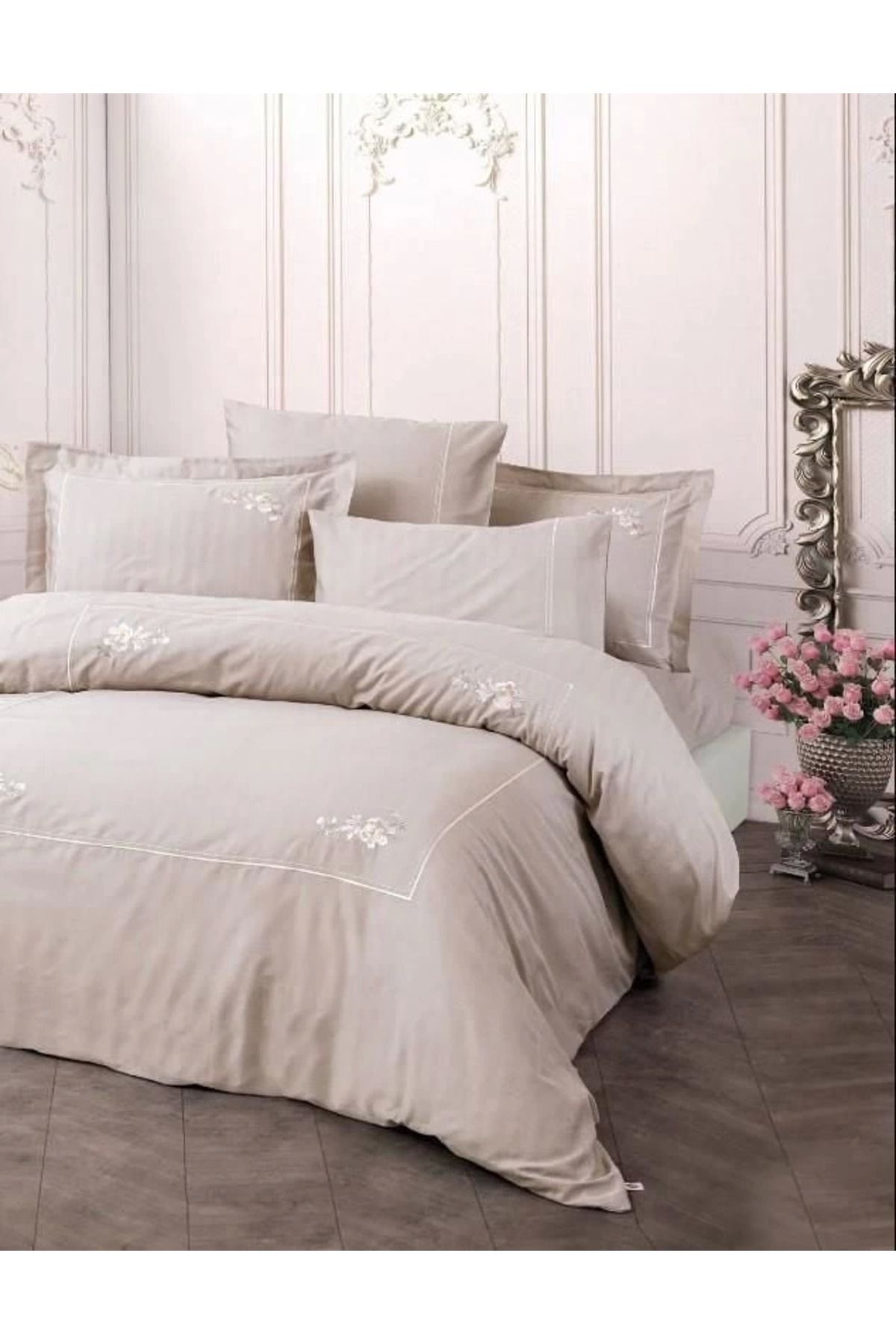 MT29 GİYİM Cotton Box Brode Nakışlı Çift Kişilik Saten Nevresim Takımı Alameda Lila