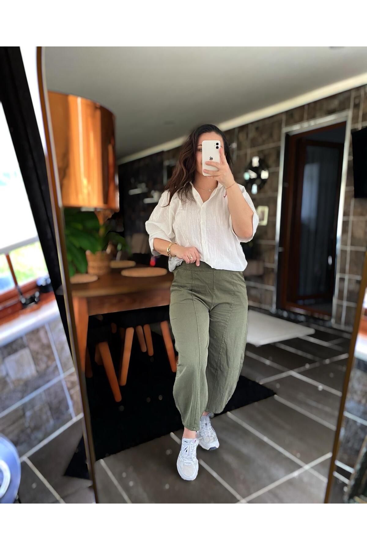 Moudry Clothing Kadın Haki Pantolon Gabardin Rahat Şalvar Pantolon