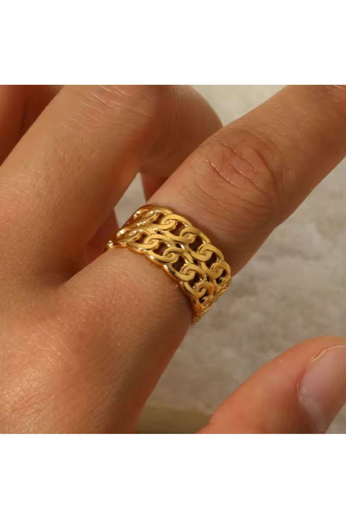 Siya Silver Kararmaz Çelik Örme Model Gold Renk Ayarlanabilir Kadın Yüzük
