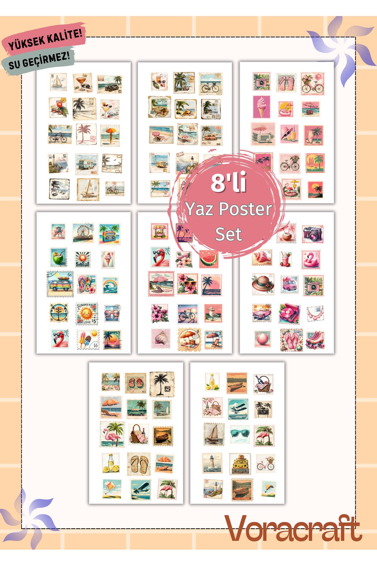 VORACRAFT 8'li Yaz Temalı Poster Sticker Set Ajanda Bullet Journal Set A025