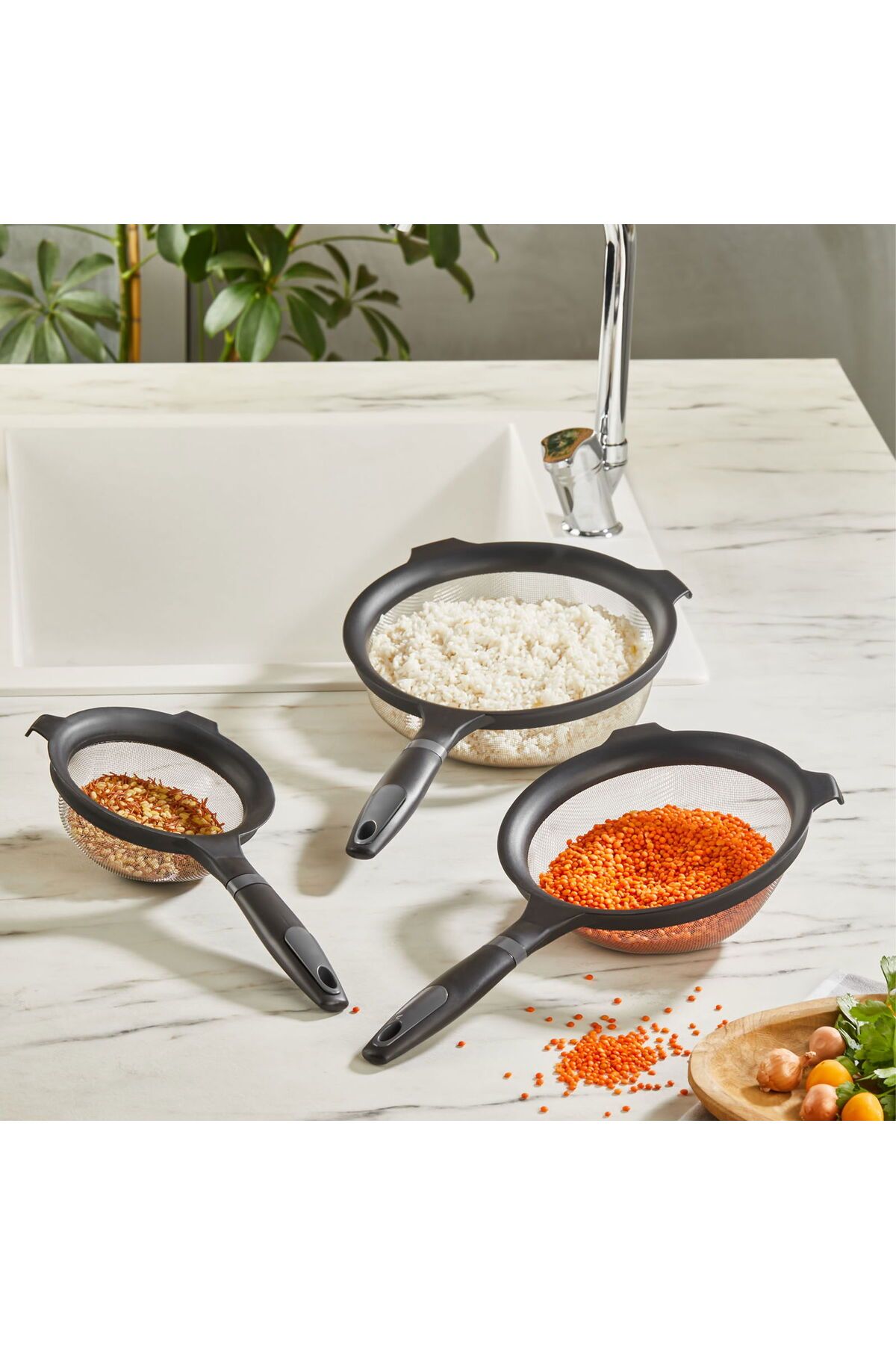 ASPARTAM KitchenQ Fine 3'lü Tel Süzgeç Seti - Siyah / Şeffaf