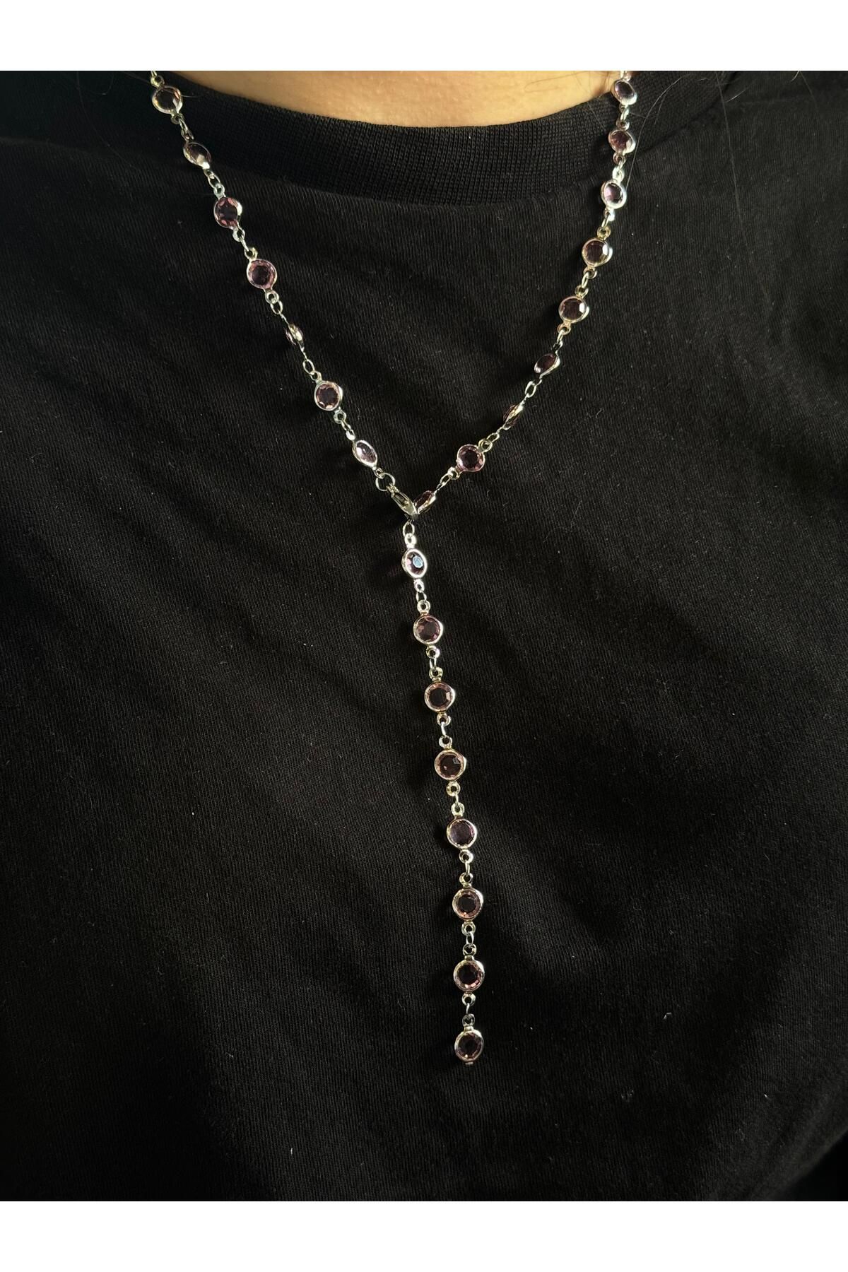 Daynav 60 Cm Pembe Taşlı Gümüş Y Kolye