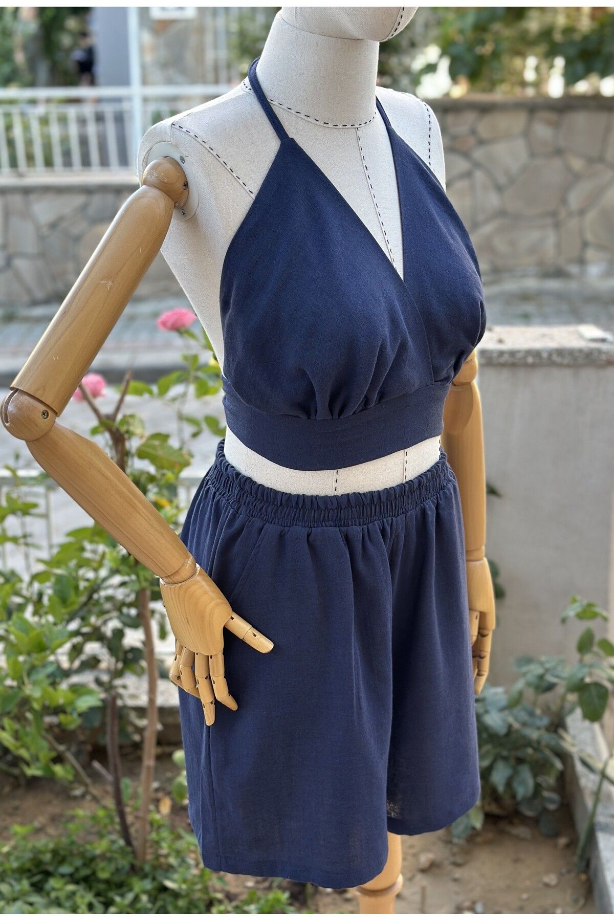 Paseam Atelier Müslin Kumaş Kadın Lacivert Büstiyer Ve Şort Takımı