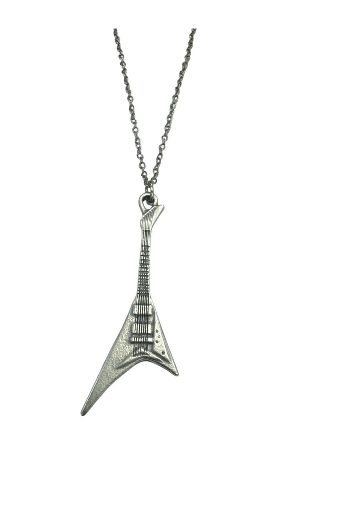 Herşey Nota V Elektro Gitar Metal Kolye – 60 cm Zincir – Unisex Müzik Temalı Takı