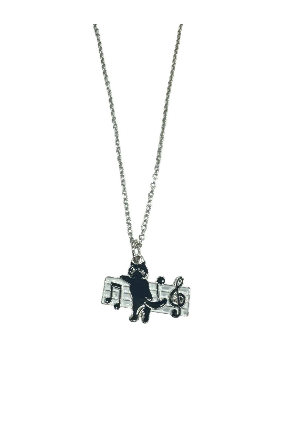Herşey Nota Black Cat Grup Nota Figürlü Metal Kolye – 60 cm Zincir –Unisex Müzik Temalı Takı