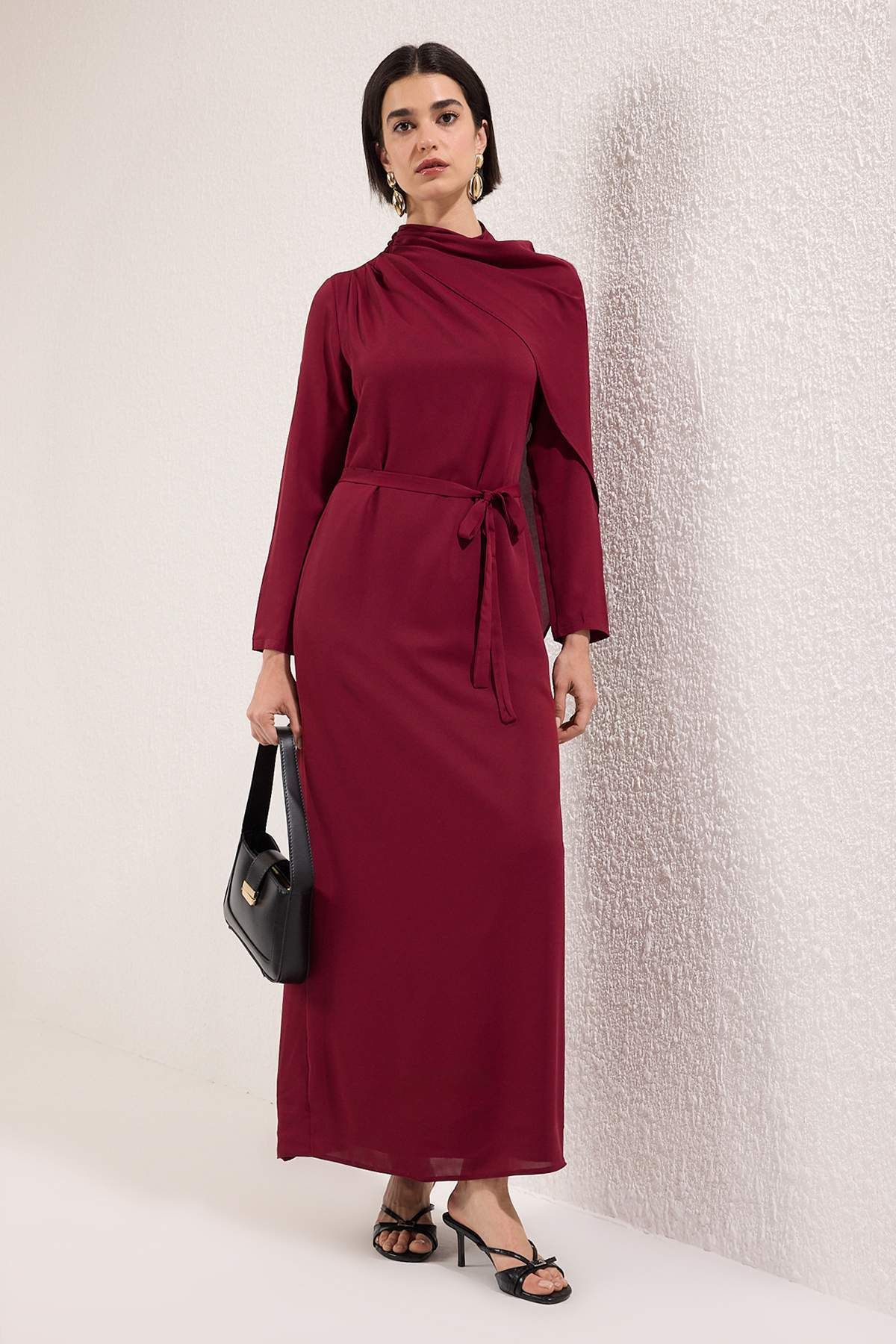 Trendyol Modest-Burgundy Cape Detailed Woven Evening Dress Tctss25Db00023 3