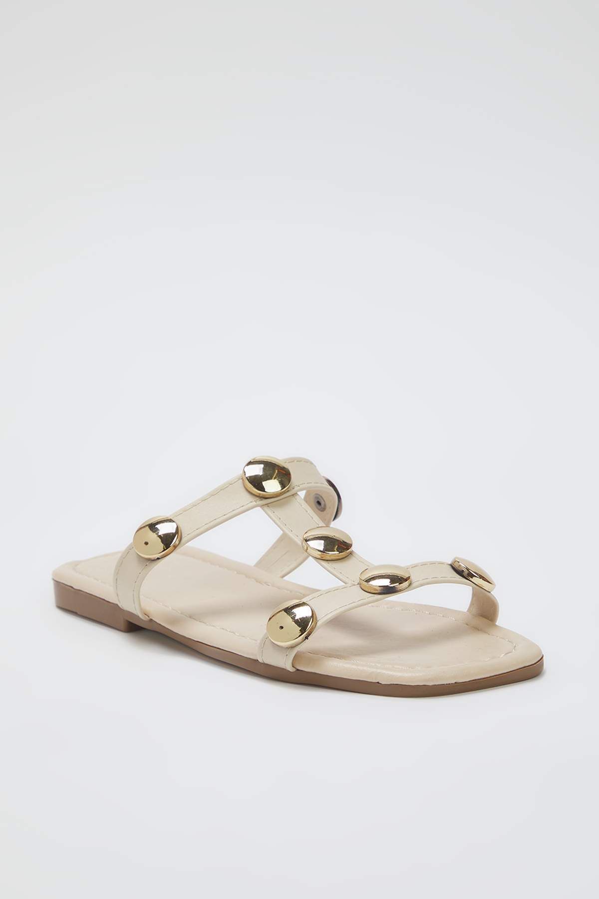 TRENDYOL SHOES-Beżowe złote dodatki, szczegółowe kwadratowe noski, stylowe damskie kapcie TAKSS25TE00012 3
