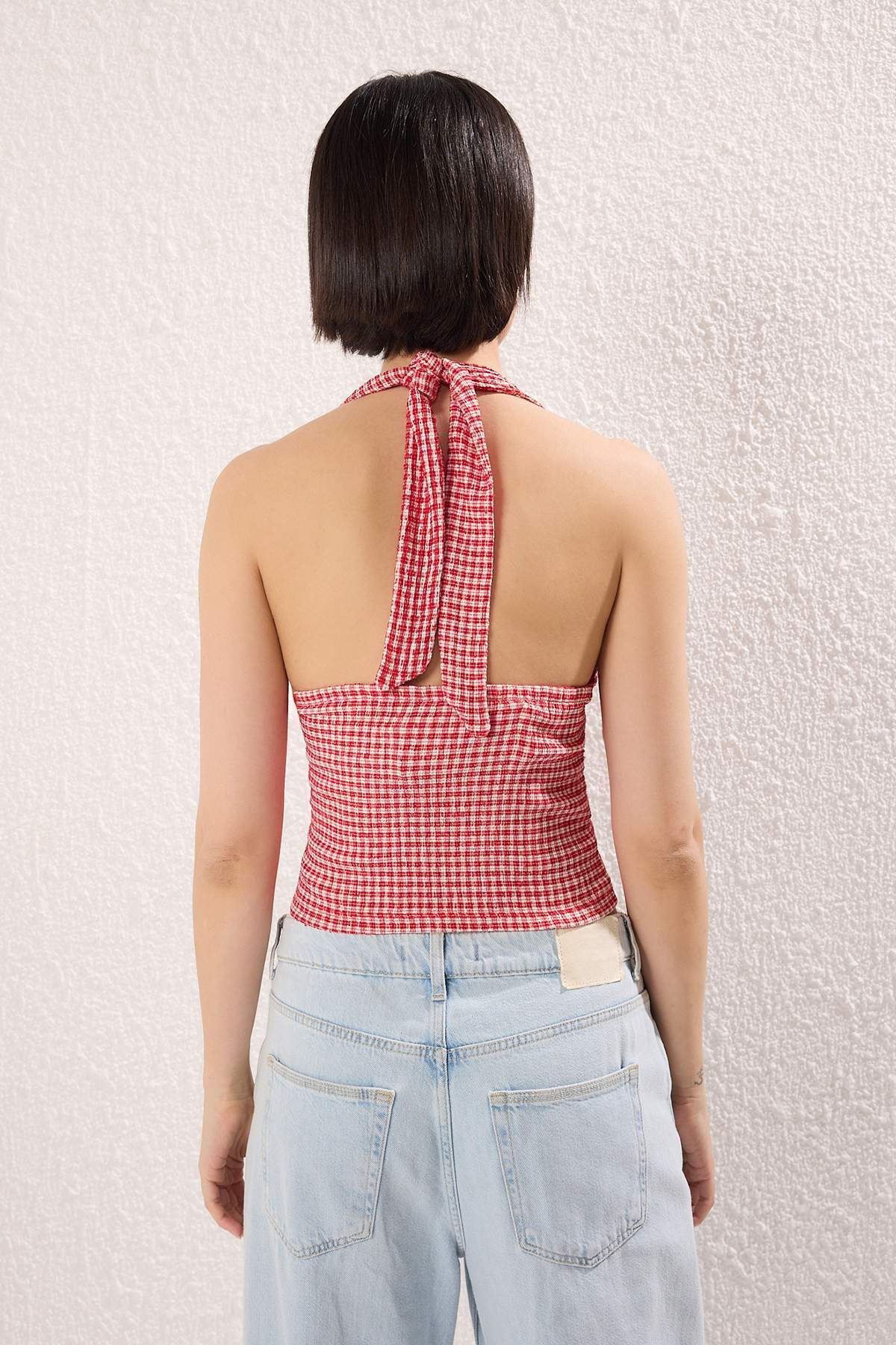 Trendyolmilla  Kırmızı Pöti Kare Boyundan Bağlamalı Fitted Esnek Örme Bluz TWOSS25BZ00565 - Görsel 8