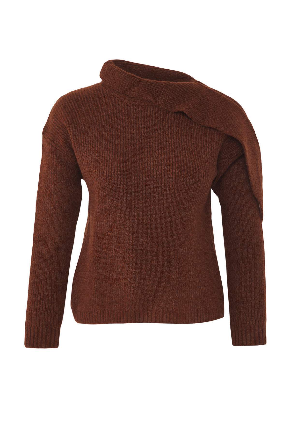 Trendyolmilla  Kahverengi Şal Yaka Detaylı Triko Kazak TWOAW26KZ00031 - Görsel 5