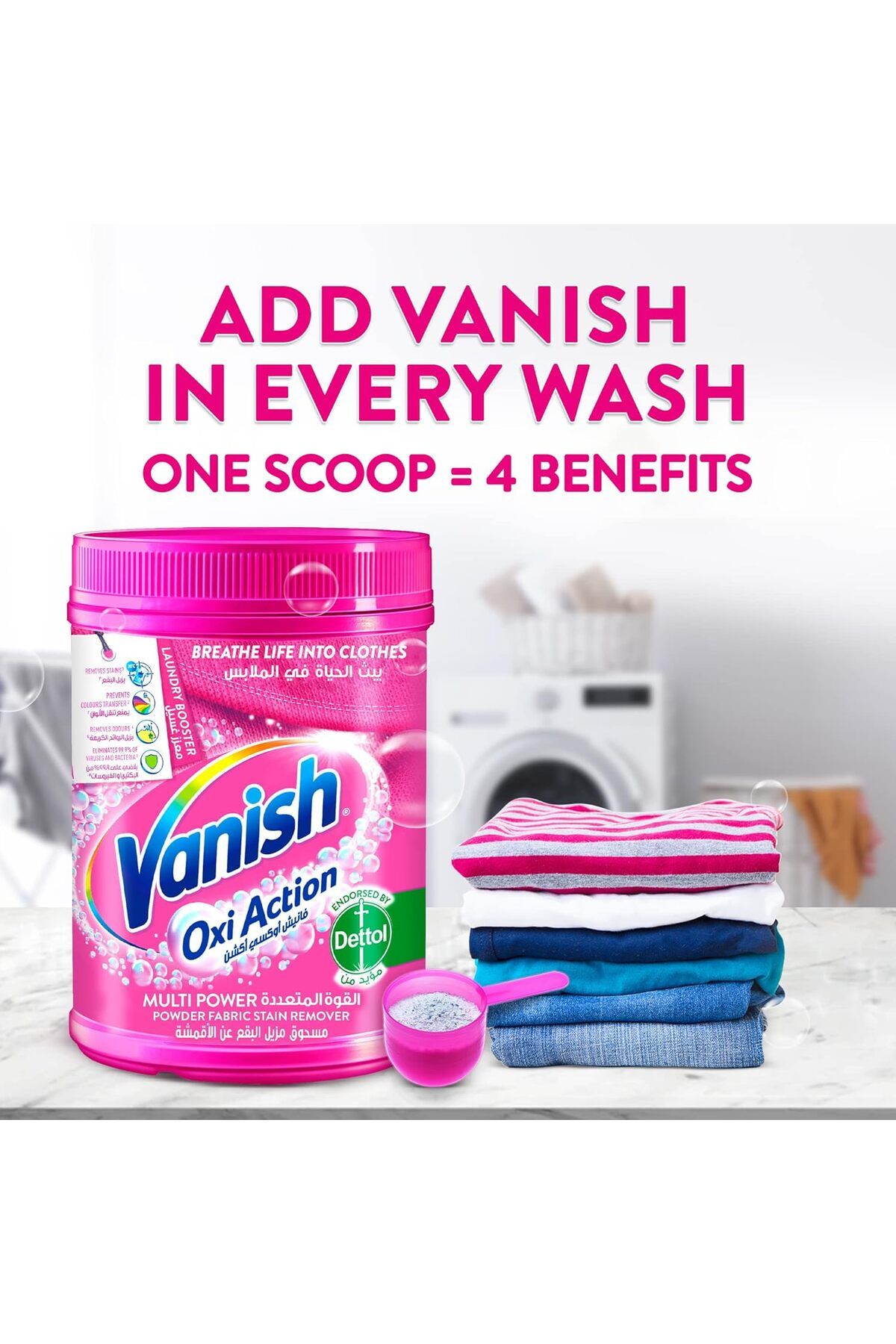 Vanish-Oxi Action Multi Power Stain Remover Powder with Scoop, Ideal for Washing Machine Use - 1kg 3