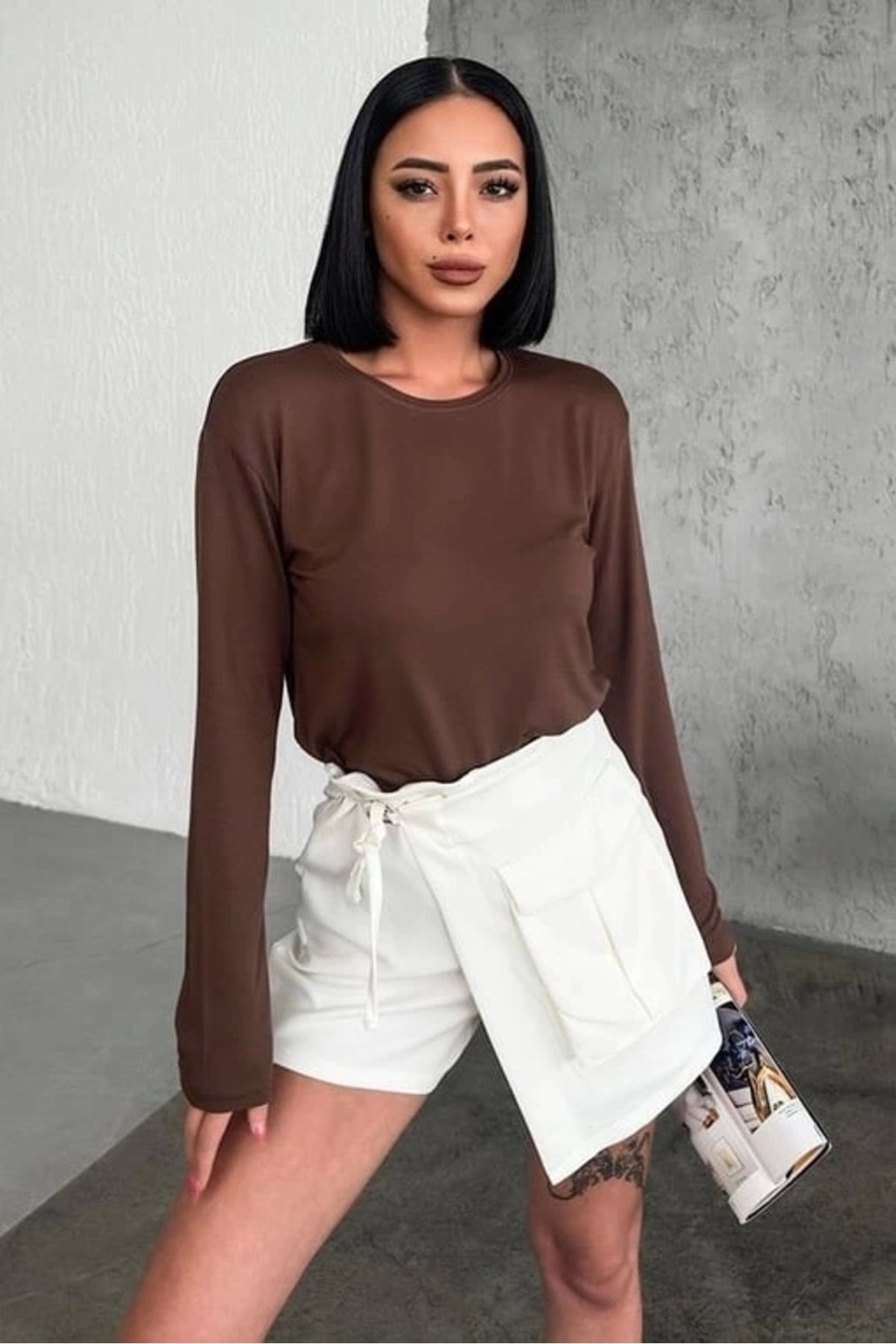 OurStyles Rahat Ve Şık Uzun Kollu Bisiklet Yaka Likralı Viskon Penye Body Kahverengi
