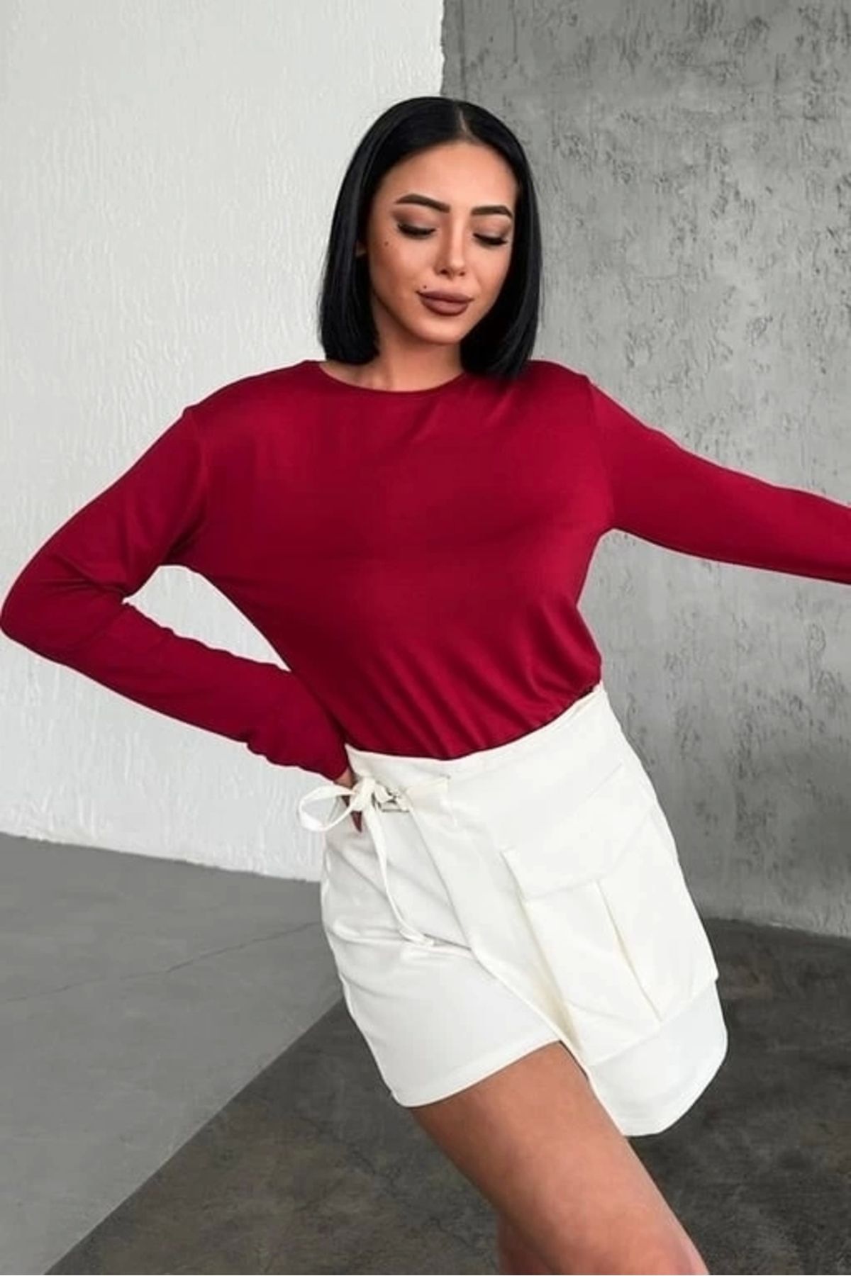 OurStyles Rahat Ve Şık Uzun Kollu Bisiklet Yaka Likralı Viskon Penye Body Bordo