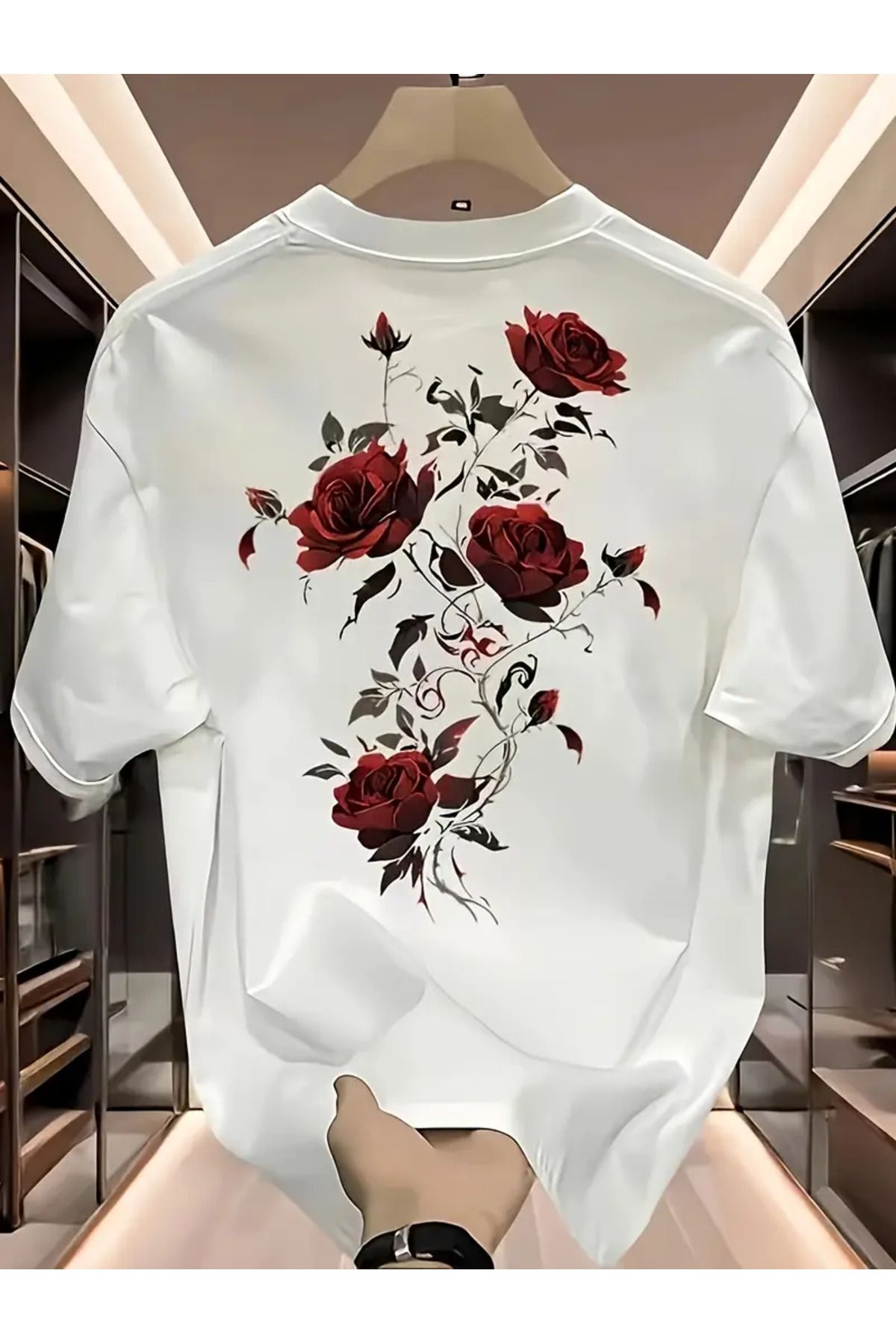 AEMİ Unisex Rose Flower Oversize Bisiklet Yaka T-shirt